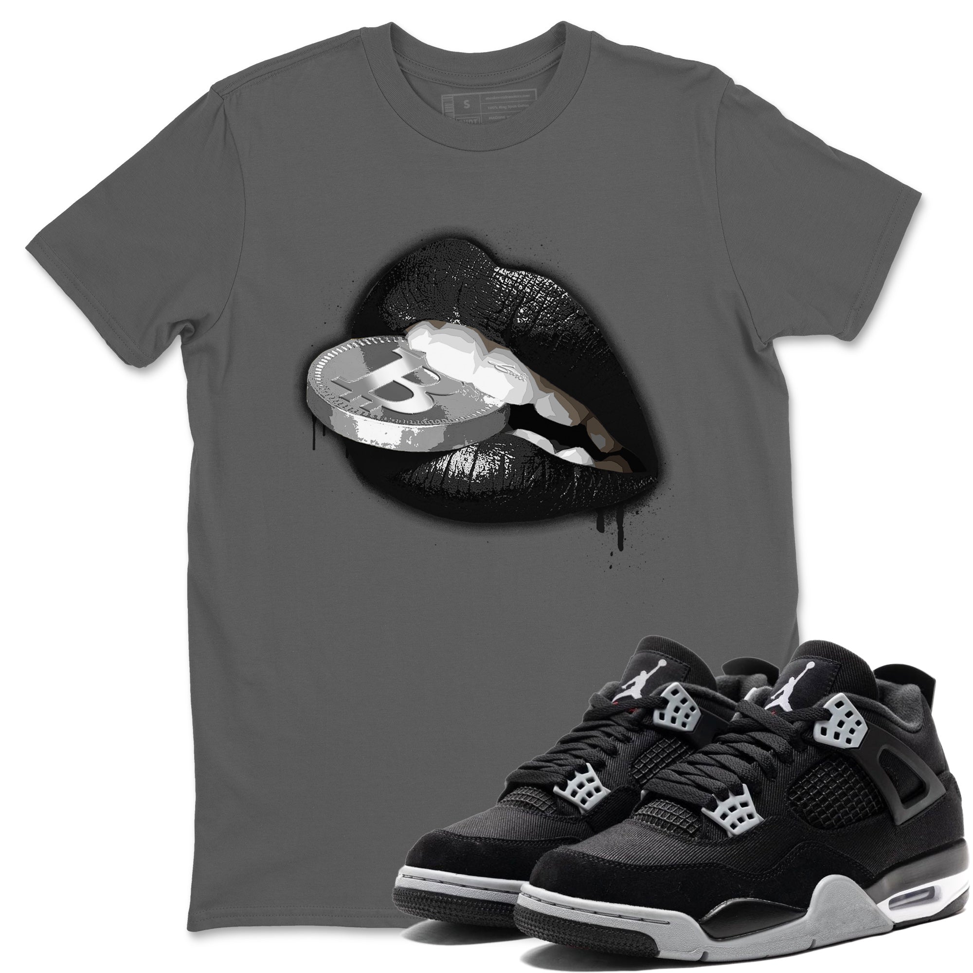 Jordan 4 Black Canvas Sneaker Matching T-Shirt Lips Coin Sneaker Tees Jordan 4 Black Canvas Sneaker Release Tees Crew Neck Tees