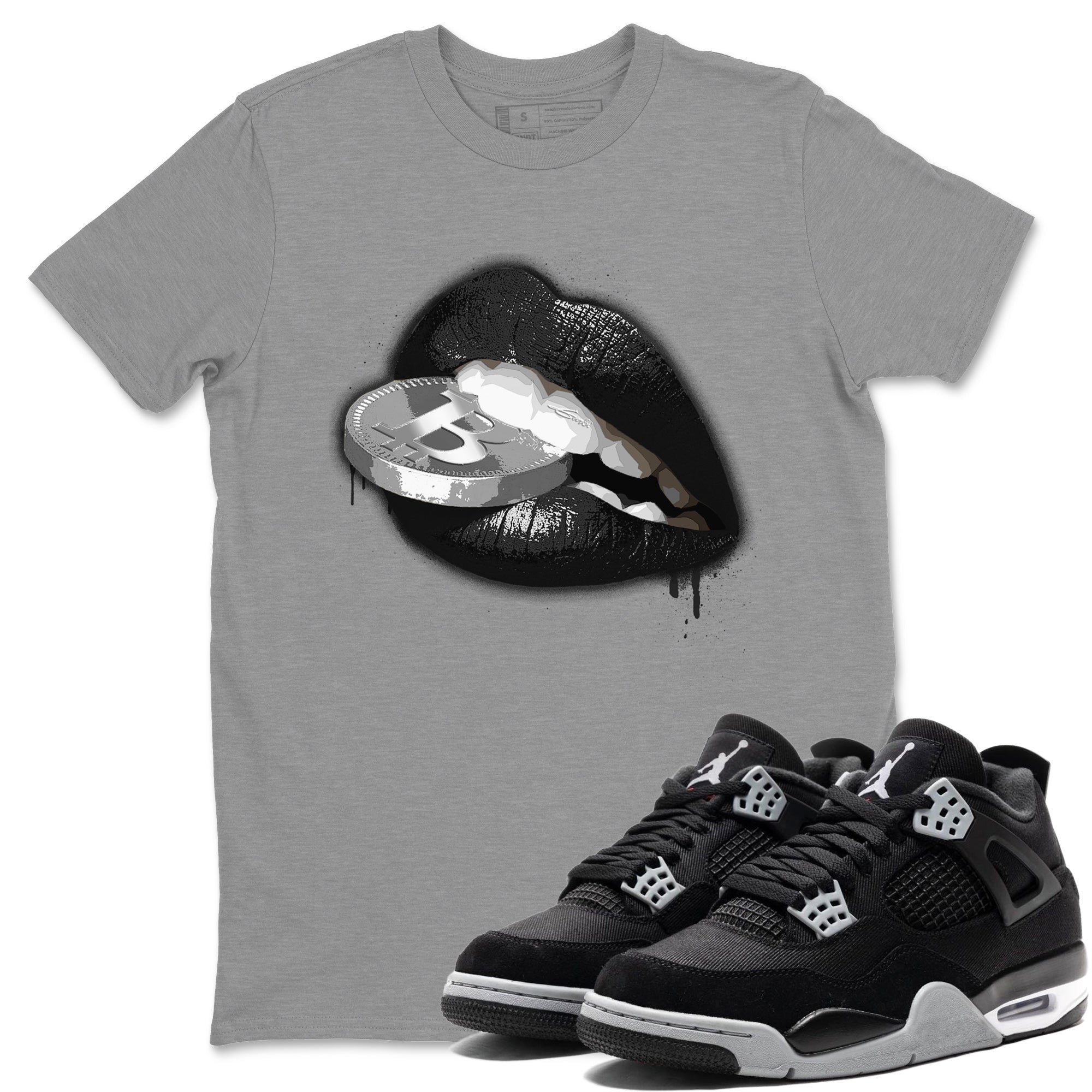 Jordan 4 Black Canvas Sneaker Matching T-Shirt Lips Coin Sneaker Tees Jordan 4 Black Canvas Sneaker Release Tees Crew Neck Tees