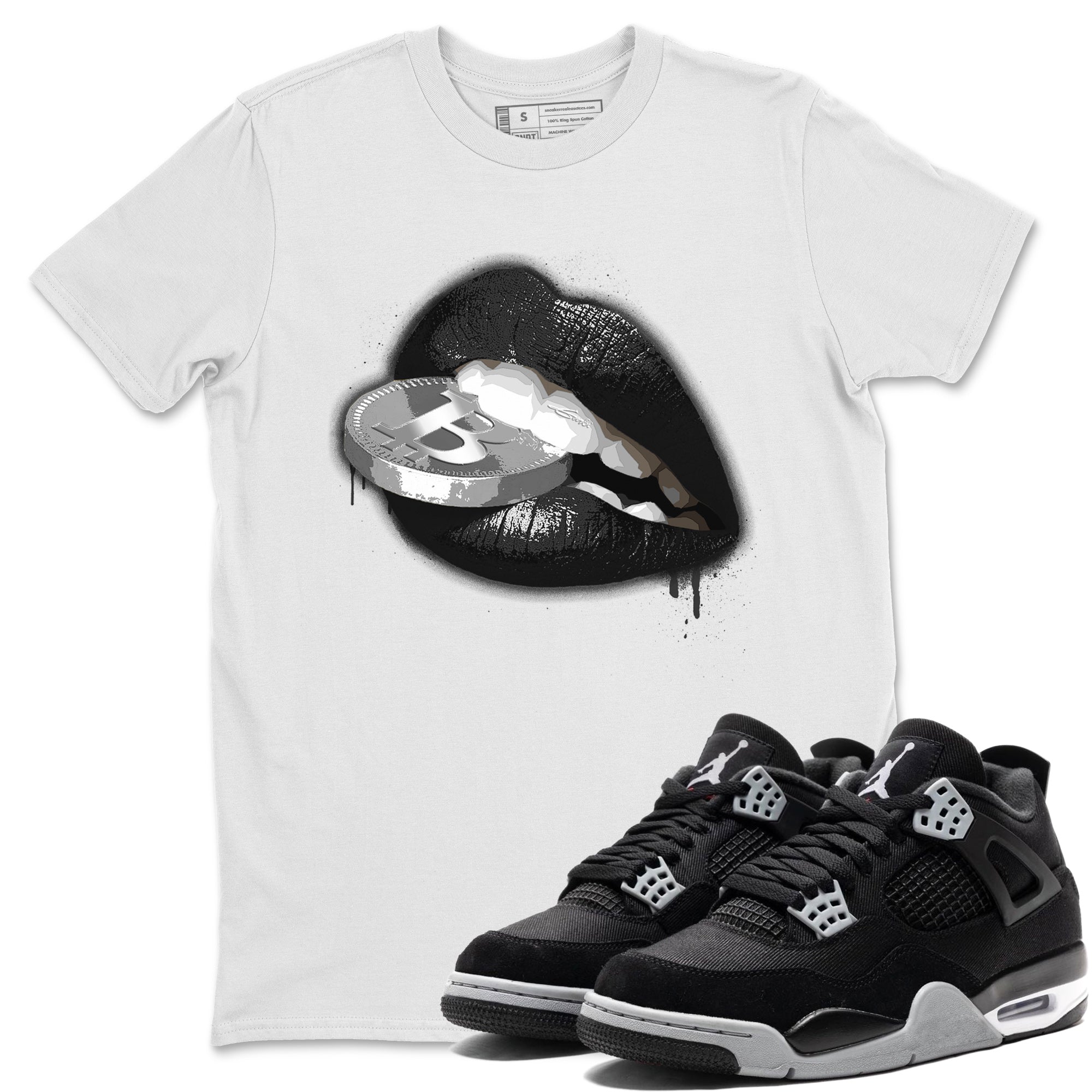 Jordan 4 Black Canvas Sneaker Matching T-Shirt Lips Coin Sneaker Tees Jordan 4 Black Canvas Sneaker Release Tees Crew Neck Tees