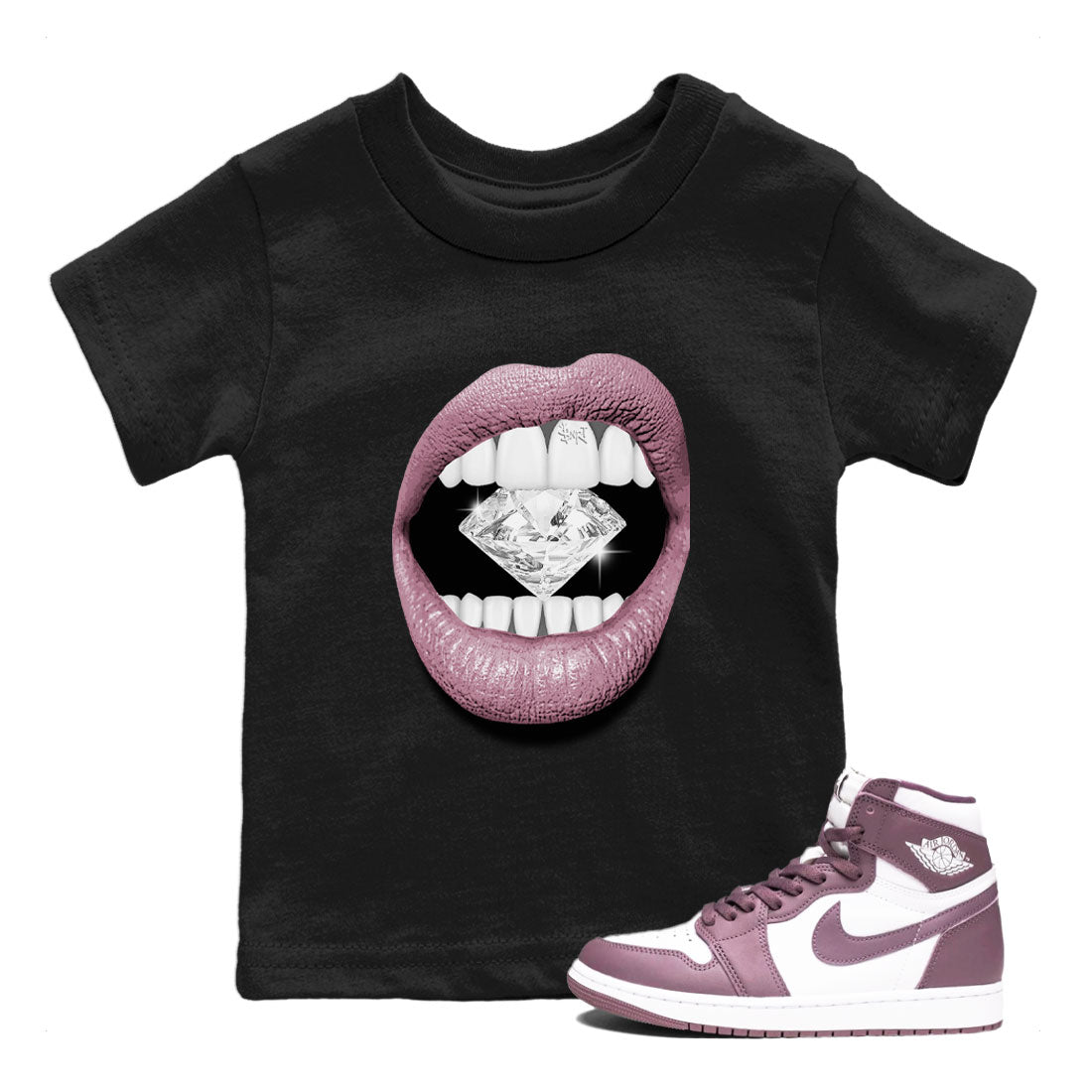 Air Jordan 1 Mauve shirt to match jordans Lips Diamond crew neck streetwear t-shirt AJ1 High OG Mauve Drip Gear Zone Crew Neck Sneaker Matching TeeBaby Toddler Black 1 Sneaker Matching Tee