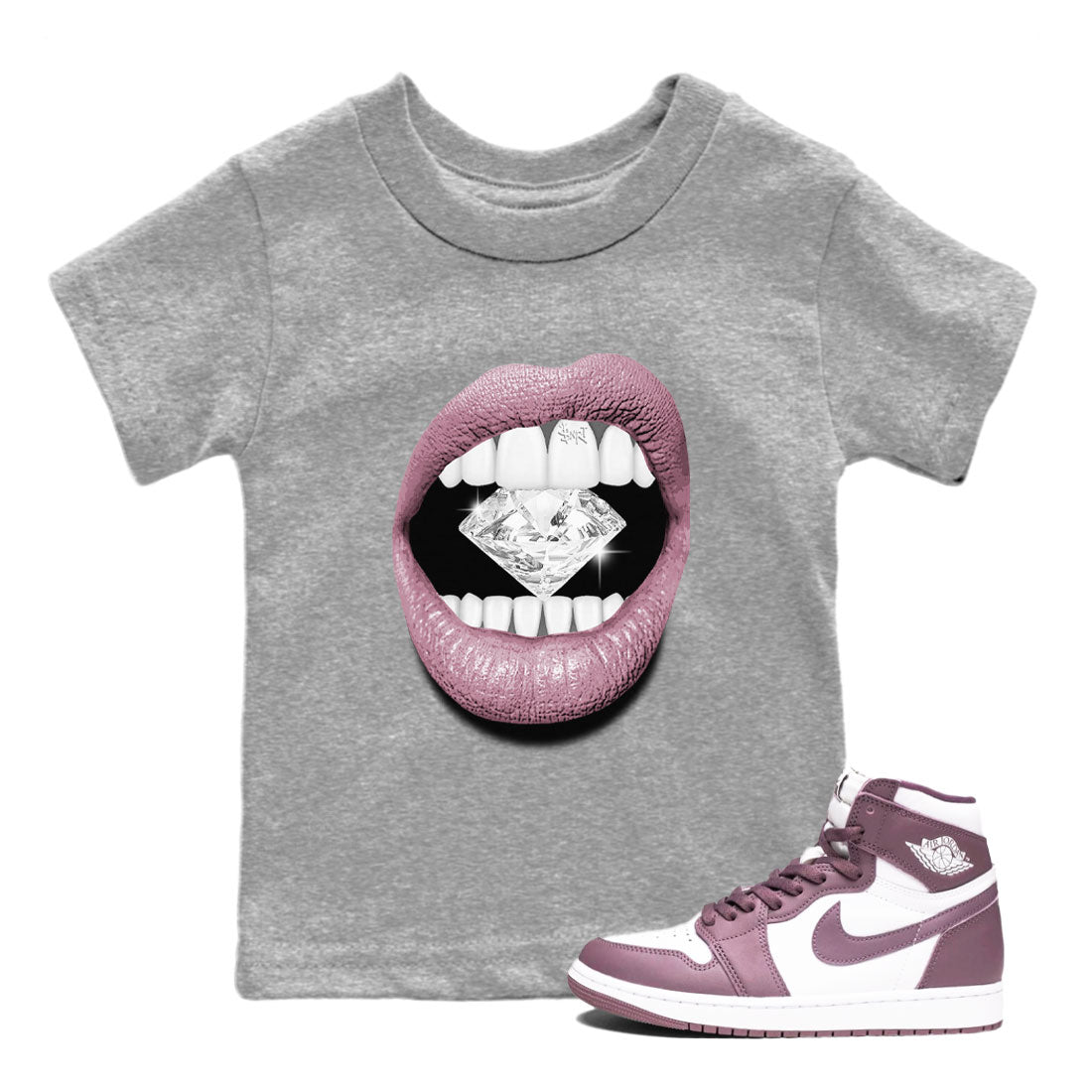 Air Jordan 1 Mauve shirt to match jordans Lips Diamond crew neck streetwear t-shirt AJ1 High OG Mauve Drip Gear Zone Crew Neck Sneaker Matching TeeBaby Toddler Heather Grey 1 Sneaker Matching Tee