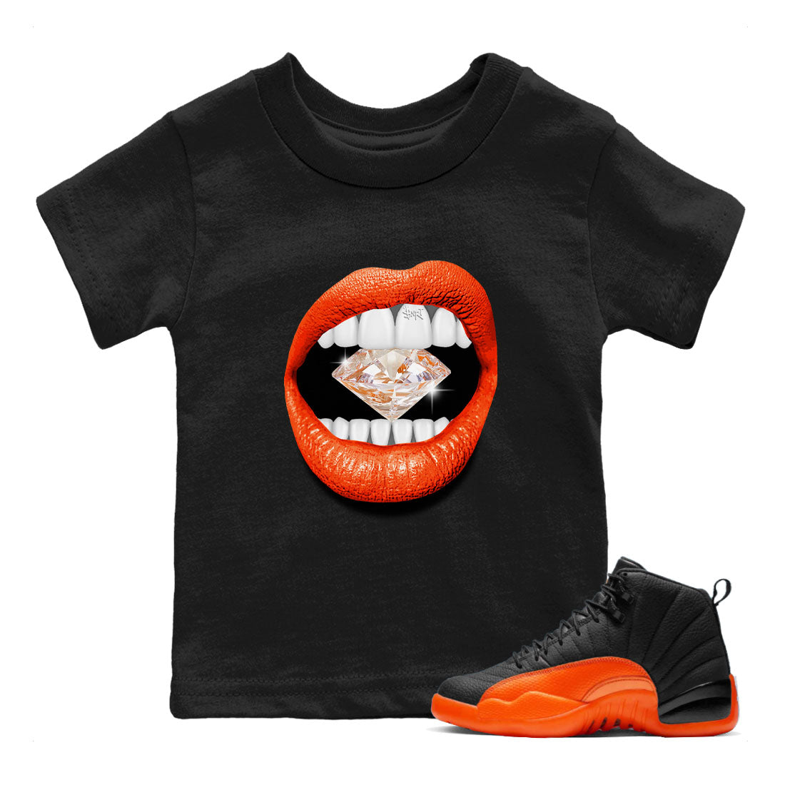 Air Jordan 12 Brilliant Orange Sneaker Match Tees Lips Diamond Streetwear Sneaker Shirt Air Jordan 12 WMNS Brilliant Orange Tees Kids Shirts Black 1