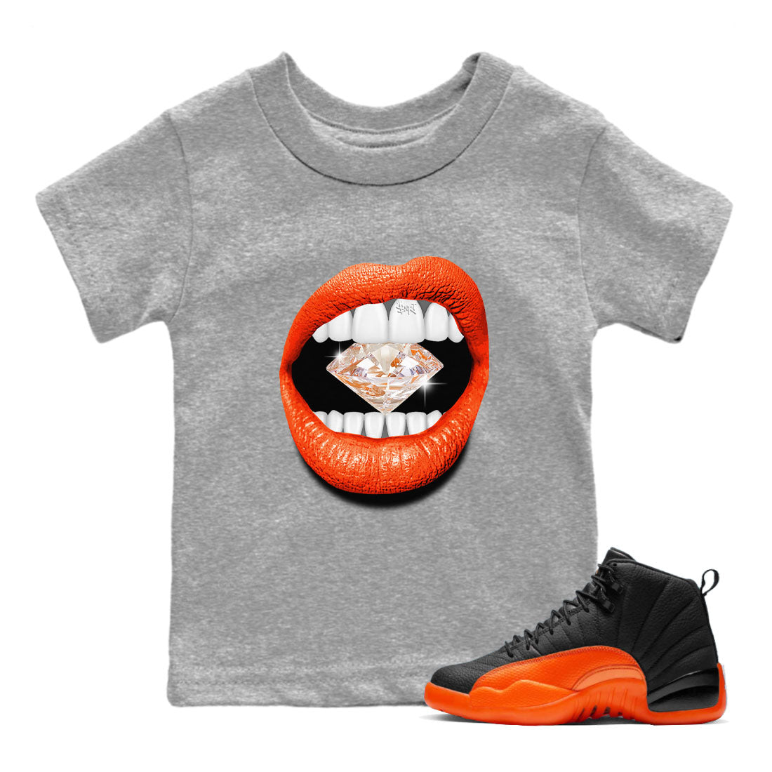 Air Jordan 12 Brilliant Orange Sneaker Match Tees Lips Diamond Streetwear Sneaker Shirt Air Jordan 12 WMNS Brilliant Orange Tees Kids Shirts Heather Grey 1