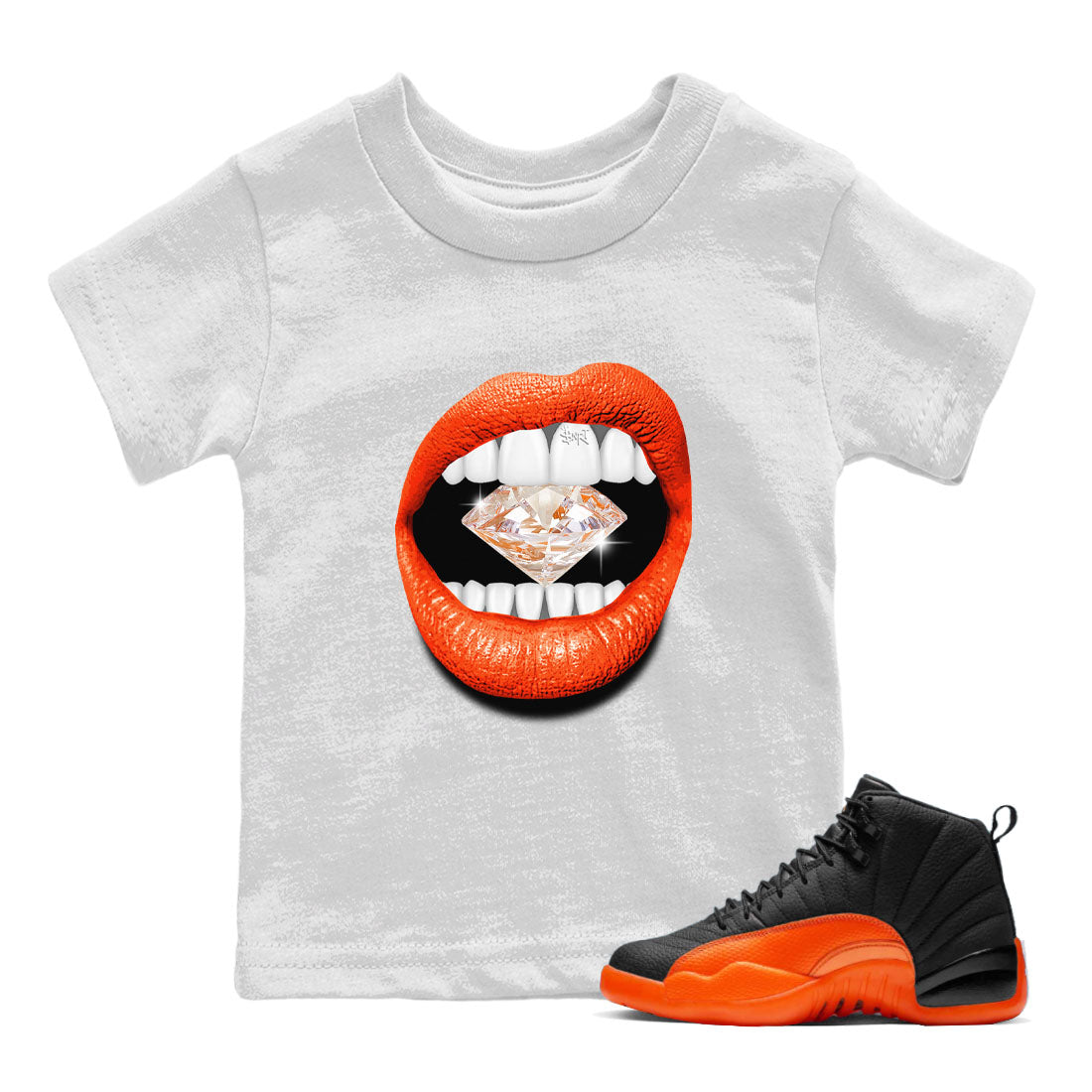 Air Jordan 12 Brilliant Orange Sneaker Match Tees Lips Diamond Streetwear Sneaker Shirt Air Jordan 12 WMNS Brilliant Orange Tees Kids Shirts White 1