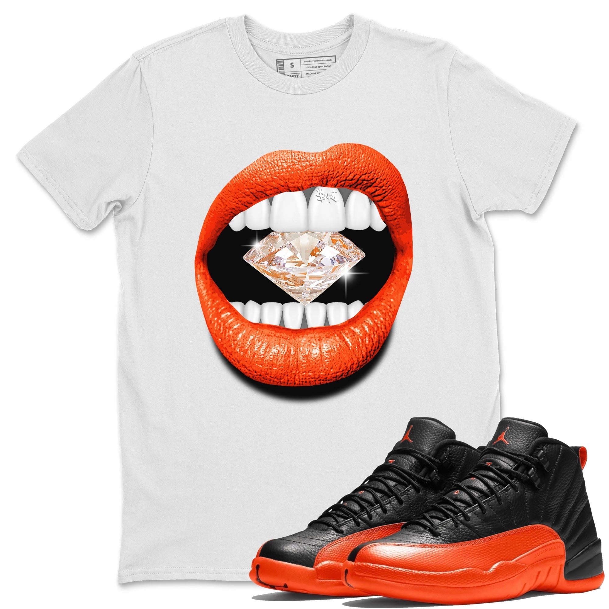 Air Jordan 12 Brilliant Orange Sneaker Match Tees Lips Diamond Streetwear Sneaker Shirt Air Jordan 12 WMNS Brilliant Orange Tees Unisex Shirts White 1
