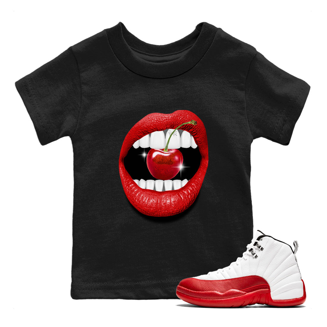 12s Cherry Sneaker Match Tees Lips Cherry Sneaker Shirts Air Jordan 12 Cherry Sneaker Release Tees Kids Shirts Black 1