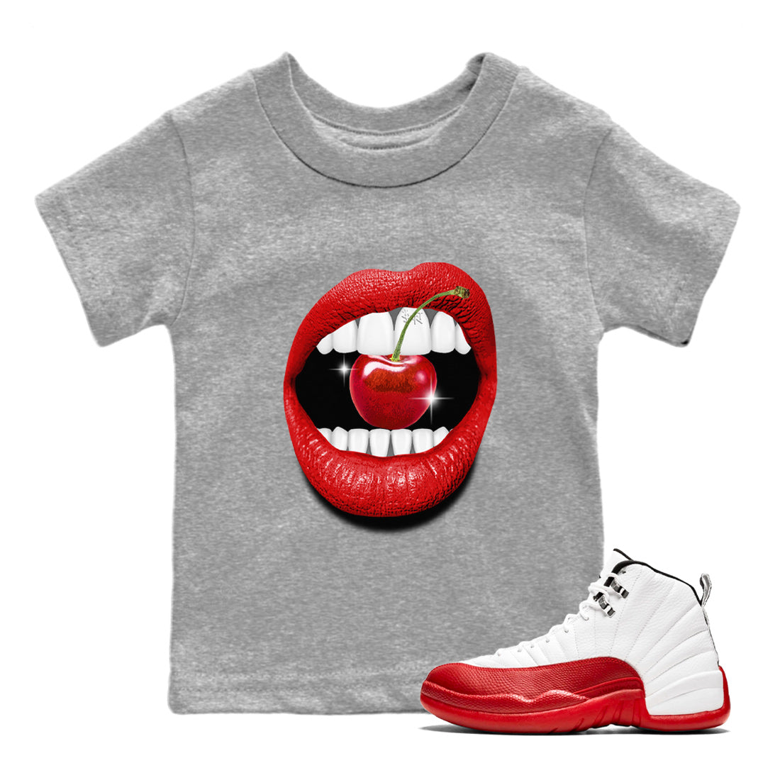 12s Cherry Sneaker Match Tees Lips Cherry Sneaker Shirts Air Jordan 12 Cherry Sneaker Release Tees Kids Shirts Heather Grey 1