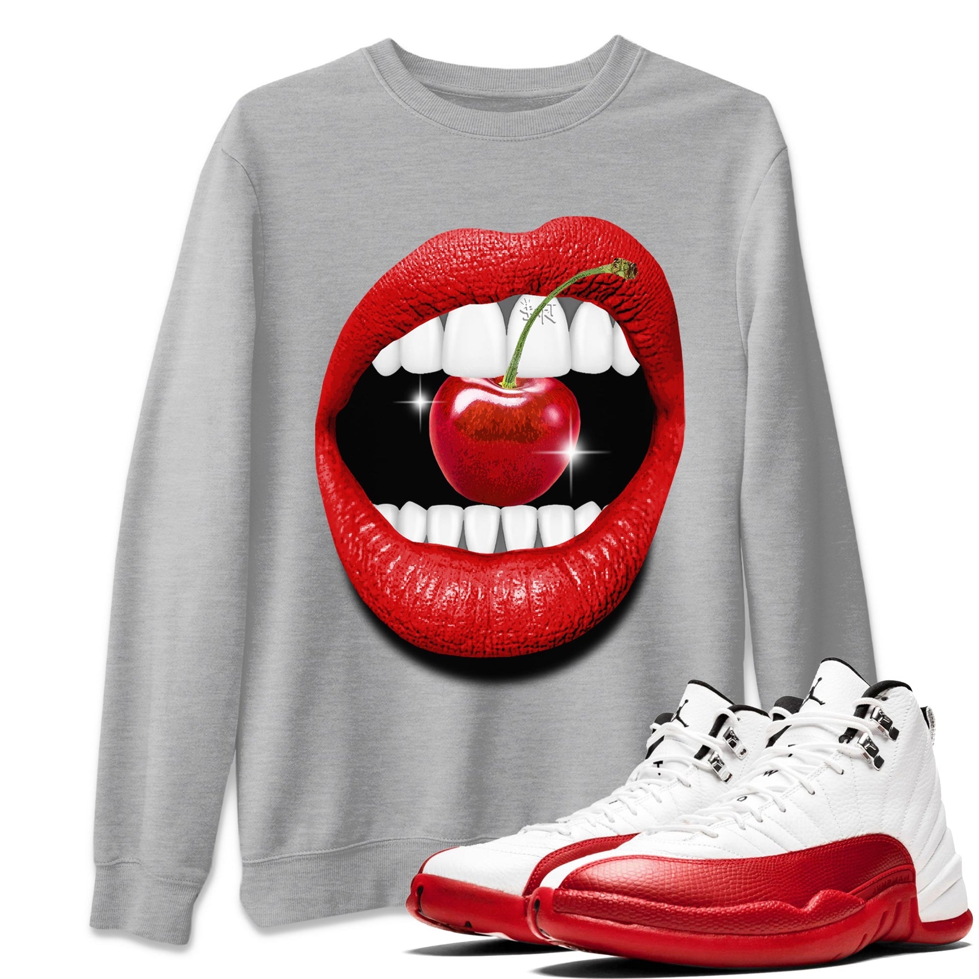 12s Cherry Sneaker Match Tees Lips Cherry Sneaker Shirts Air Jordan 12 Cherry Sneaker Release Tees Unisex Shirts Heather Grey 1