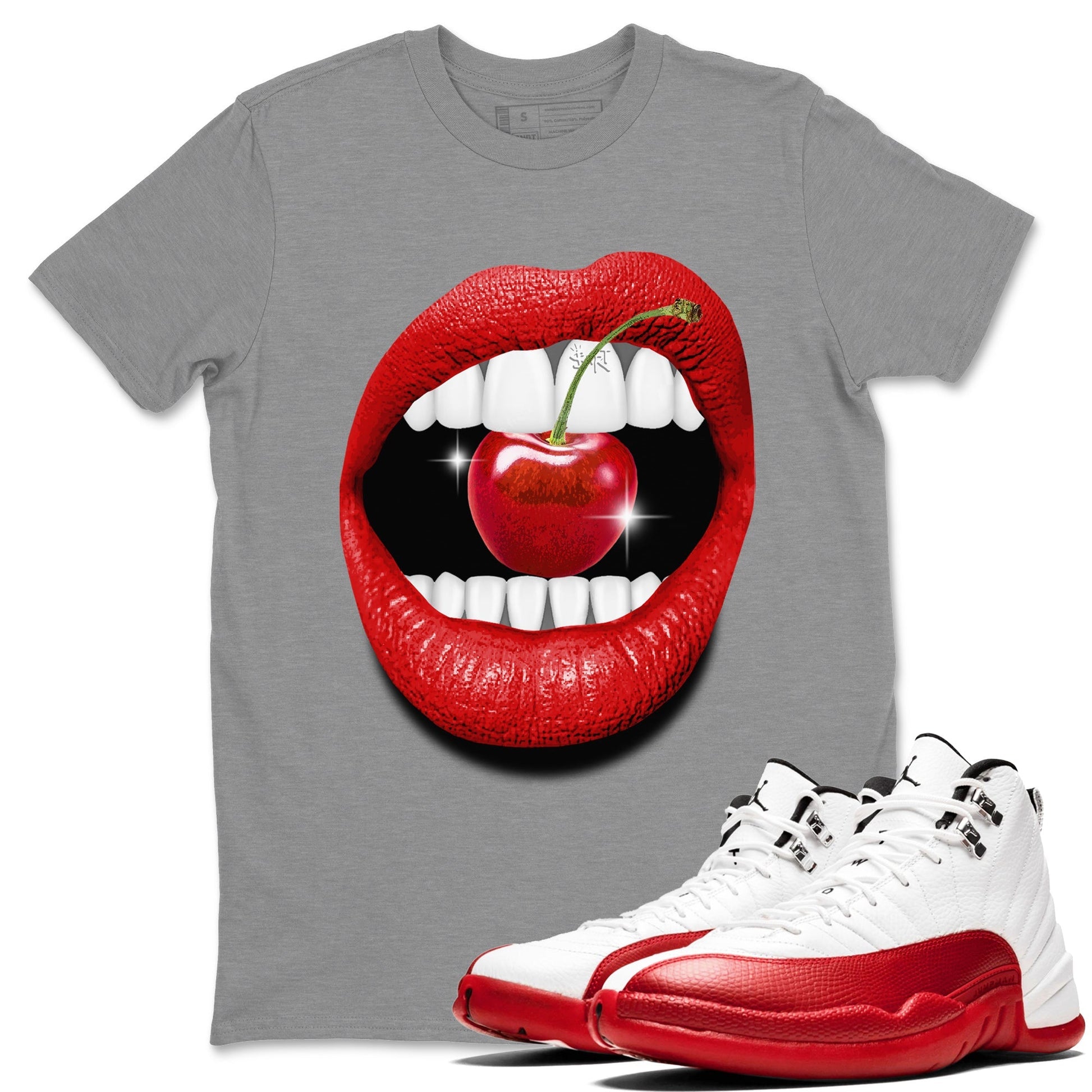 12s Cherry Sneaker Match Tees Lips Cherry Sneaker Shirts Air Jordan 12 Cherry Sneaker Release Tees Unisex Shirts Heather Grey 1