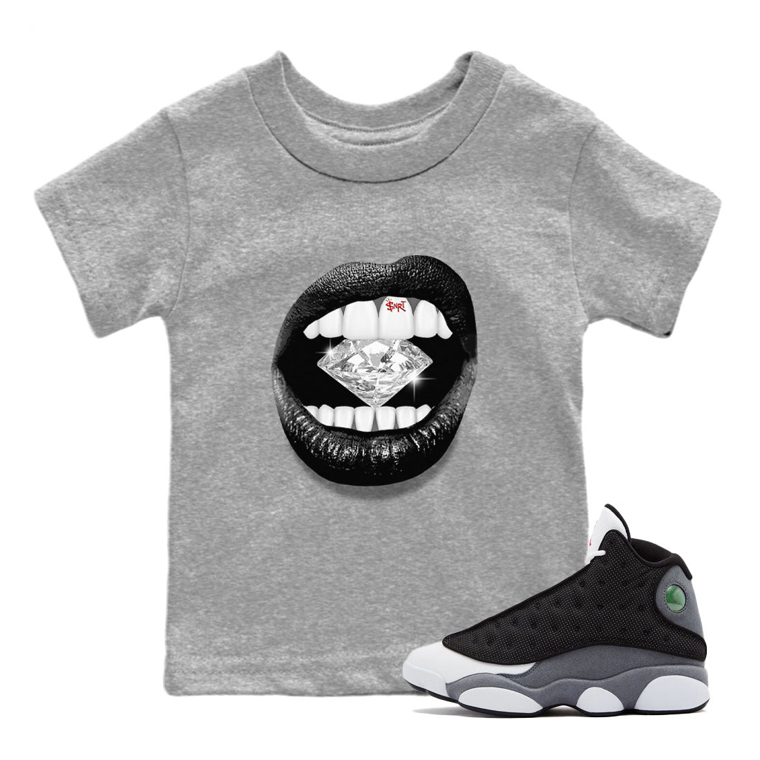Air Jordan 13 Black Flint Sneaker Match Tees Lips Diamond Streetwear Sneaker Shirt Air Jordan 13 Retro Black Flint Tees Kids Shirts Heather Grey 1