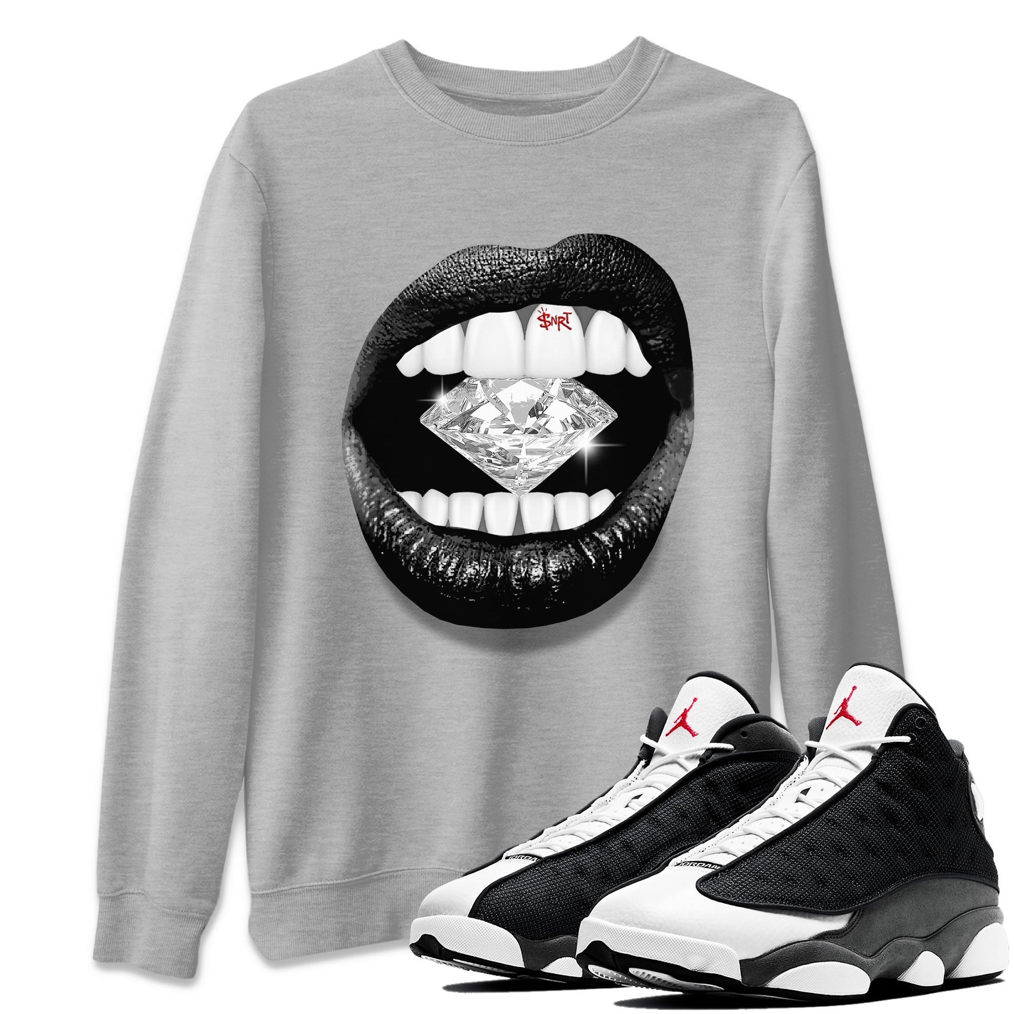 Air Jordan 13 Black Flint Sneaker Match Tees Lips Diamond Streetwear Sneaker Shirt Air Jordan 13 Retro Black Flint Tees Unisex Shirts Heather Grey 1