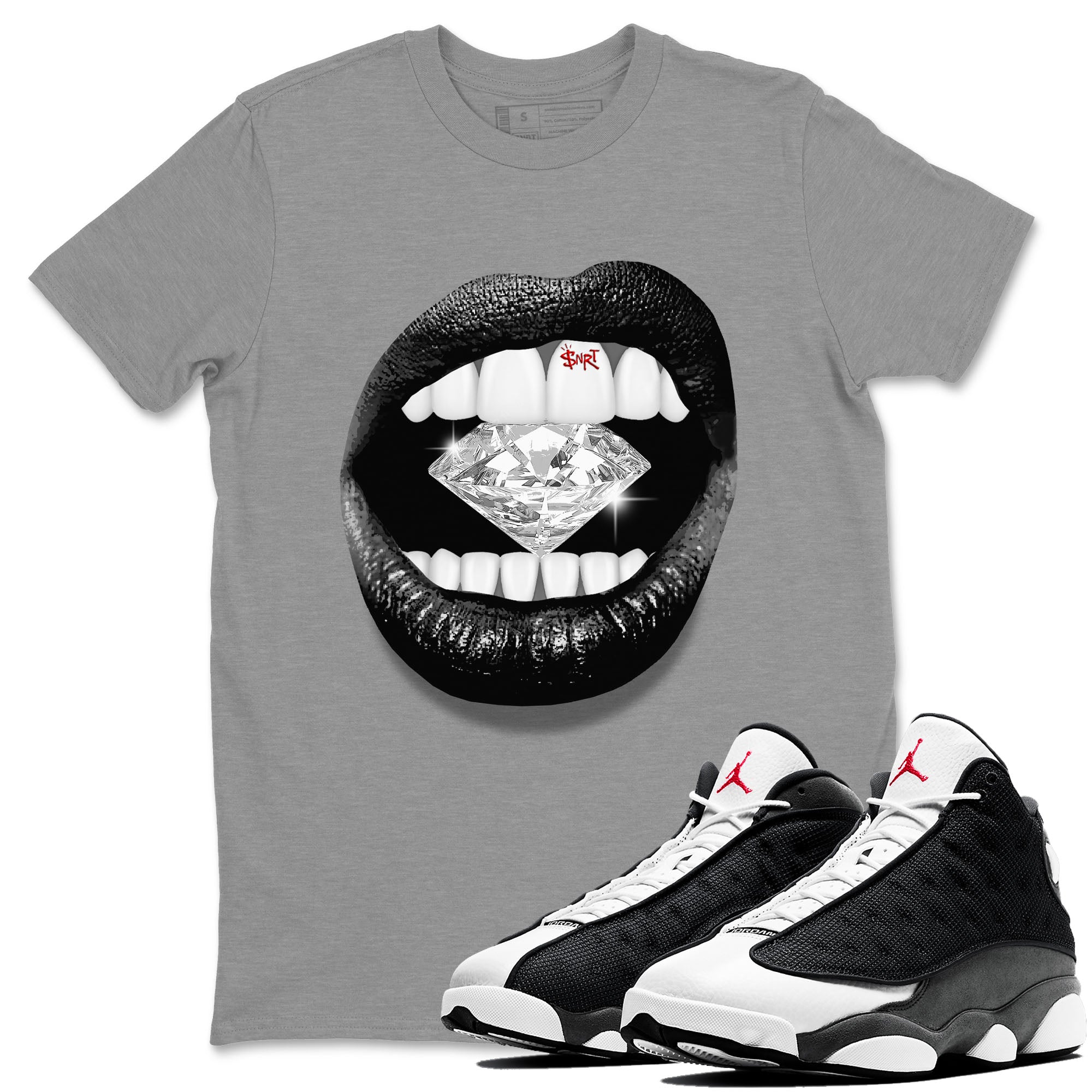 Air Jordan 13 Black Flint Sneaker Match Tees Lips Diamond Streetwear Sneaker Shirt Air Jordan 13 Retro Black Flint Tees Unisex Shirts Heather Grey 1