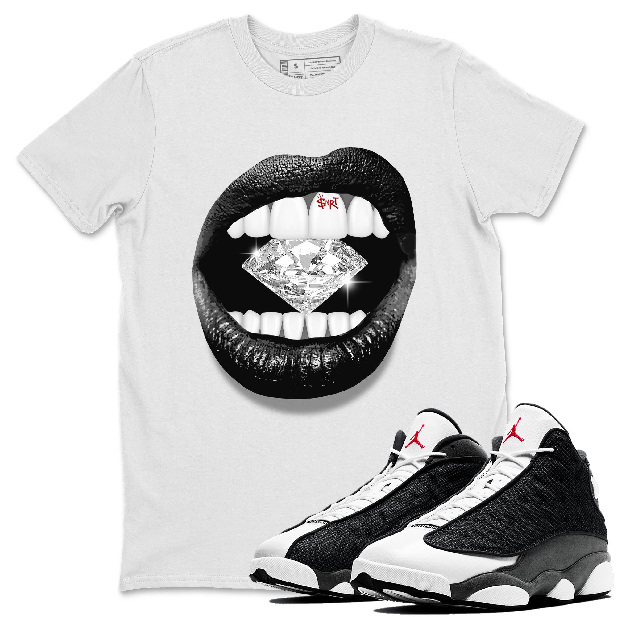 Air Jordan 13 Black Flint Sneaker Match Tees Lips Diamond Streetwear Sneaker Shirt Air Jordan 13 Retro Black Flint Tees Unisex Shirts White 1