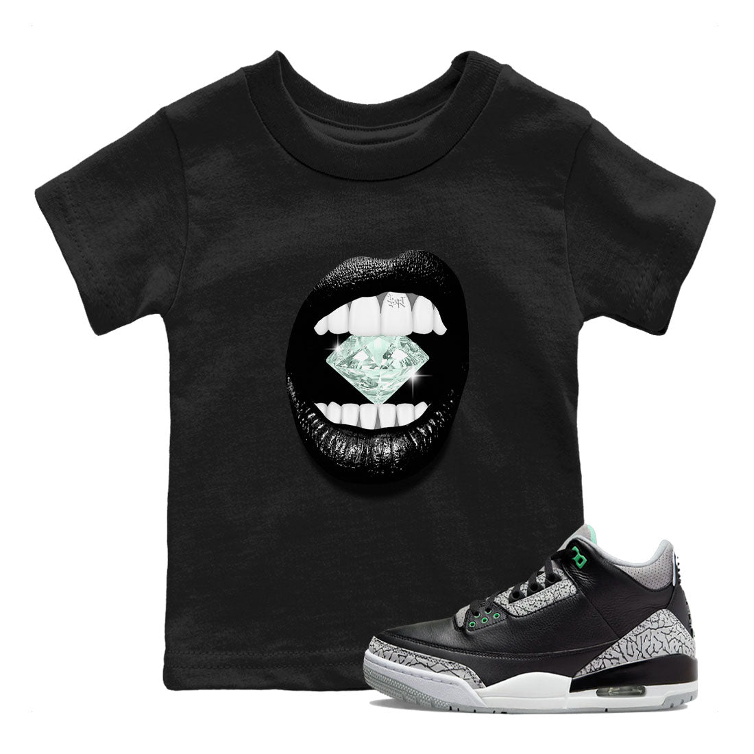 3s Green Glow shirt to match jordans Lips Diamond sneaker tees Air Jordan 3 Green Glow Drip Gear Zone baby toddler Black 1 cotton Shirt