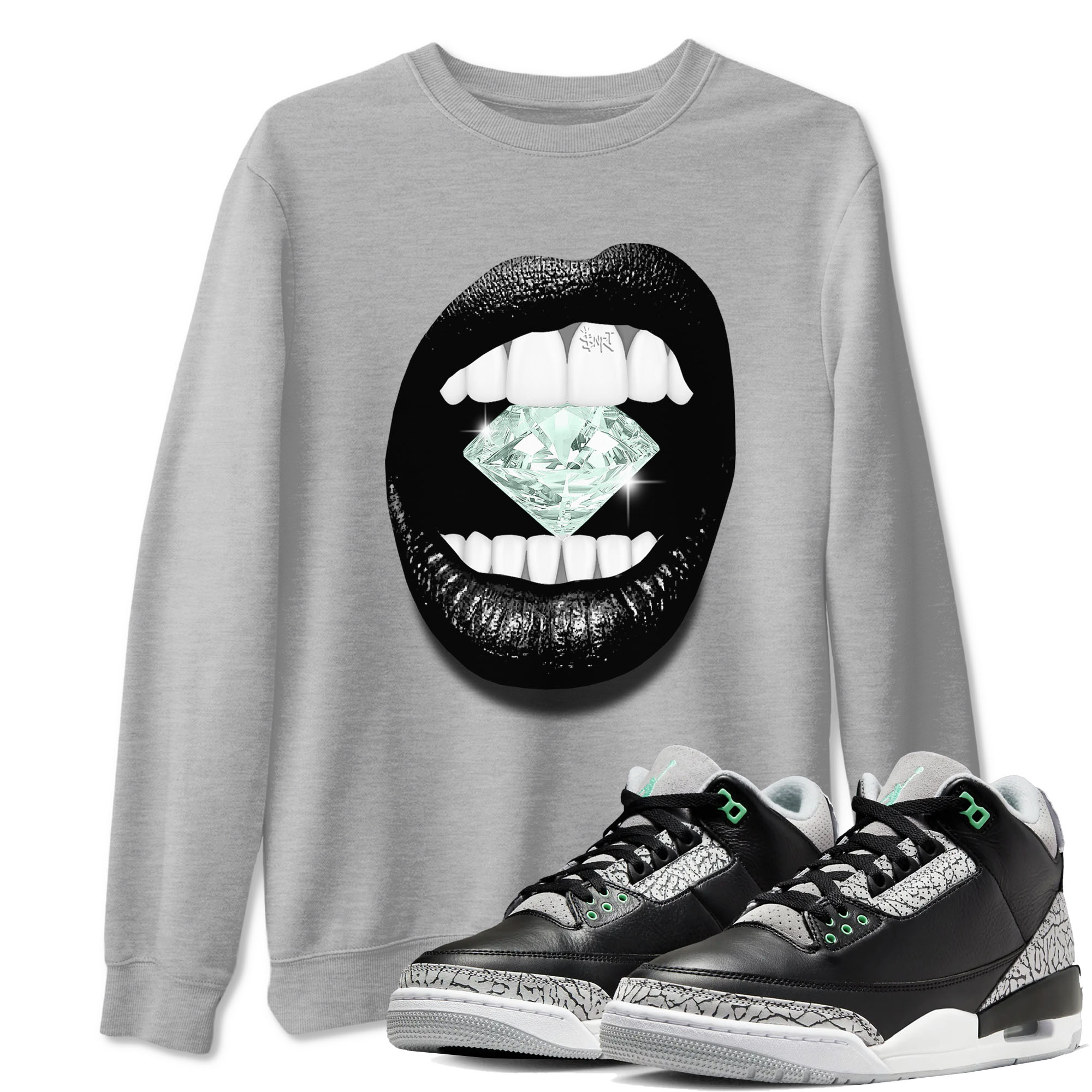 3s Green Glow shirt to match jordans Lips Diamond sneaker tees Air Jordan 3 Green Glow Drip Gear Zone unisex cotton Heather Grey 1 crew neck shirt