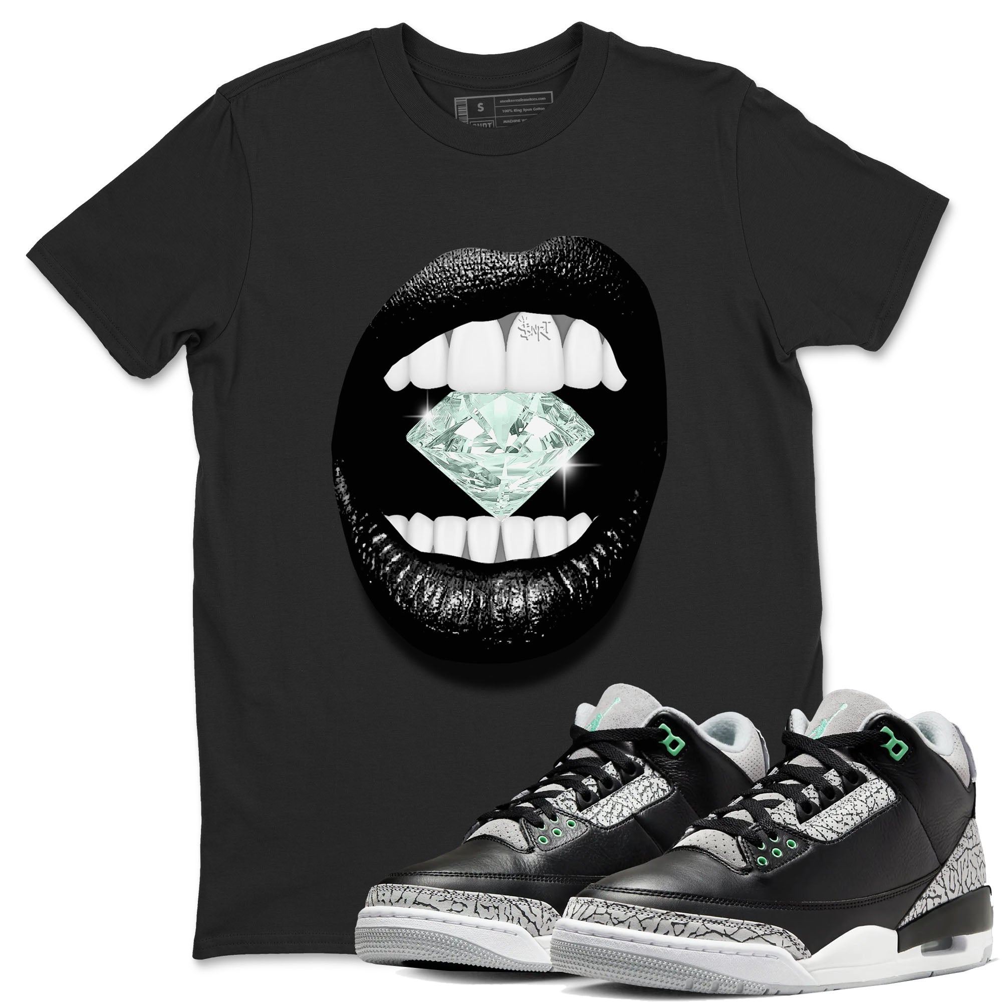 3s Green Glow shirt to match jordans Lips Diamond sneaker tees Air Jordan 3 Green Glow Drip Gear Zone unisex cotton Black 1 crew neck shirt