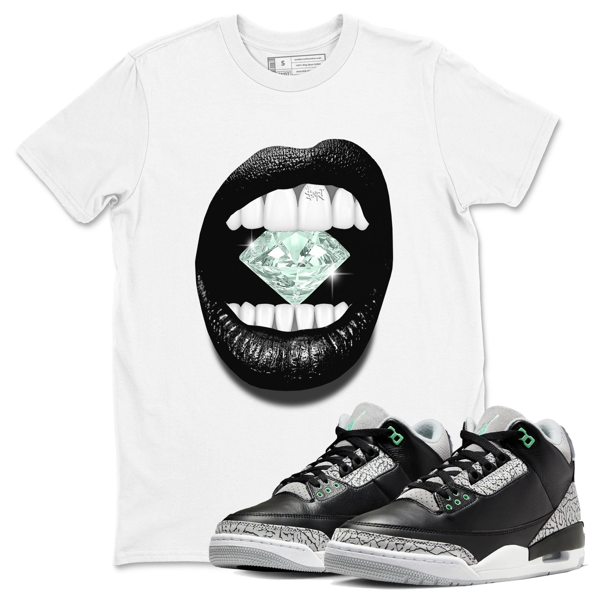 3s Green Glow shirt to match jordans Lips Diamond sneaker tees Air Jordan 3 Green Glow Drip Gear Zone unisex cotton White 1 crew neck shirt
