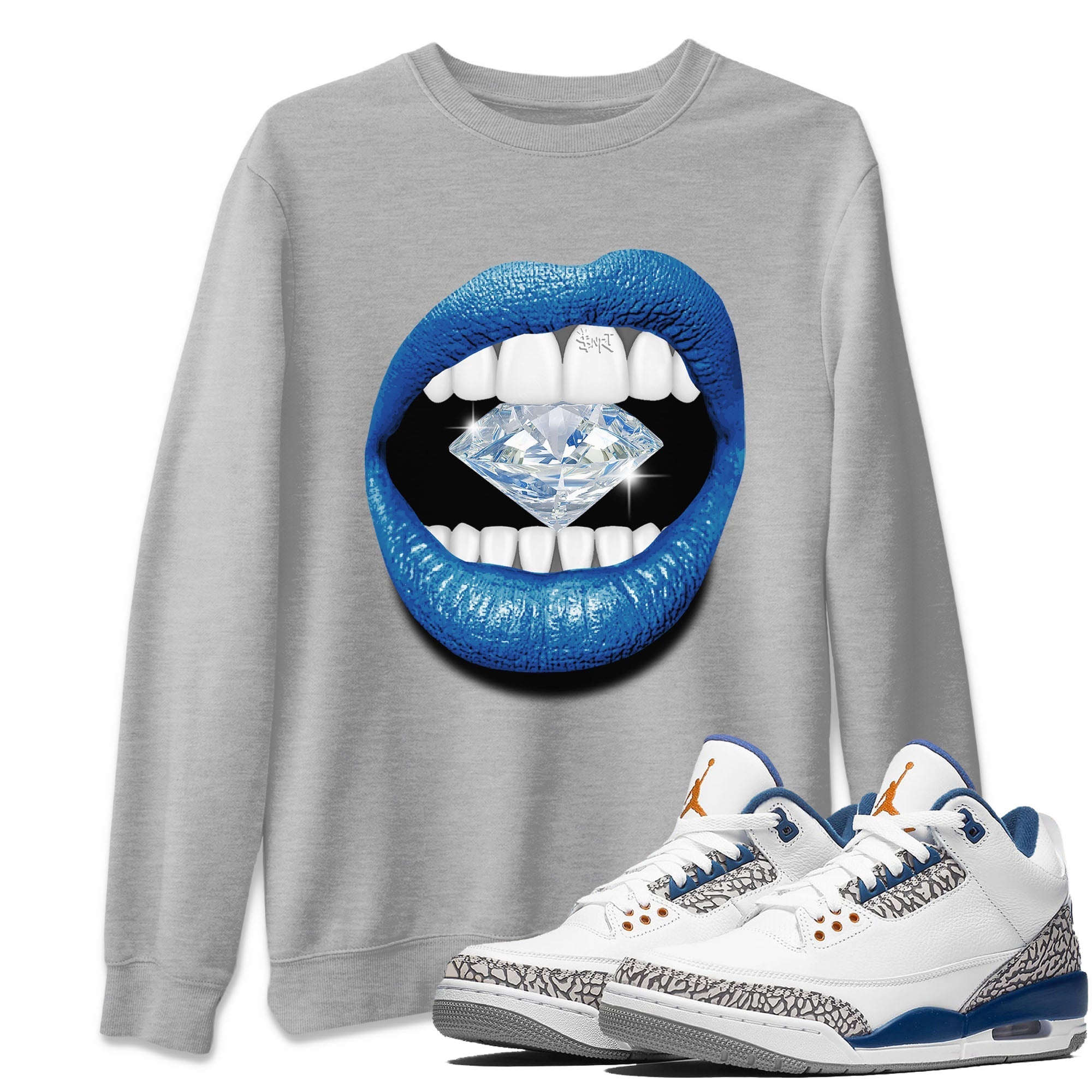 Air Jordan 3 Wizards Sneaker Match Tees Lips Diamond Streetwear Sneaker Shirt Air Jordan 3 Retro Wizards Tees Unisex Shirts Heather Grey 1