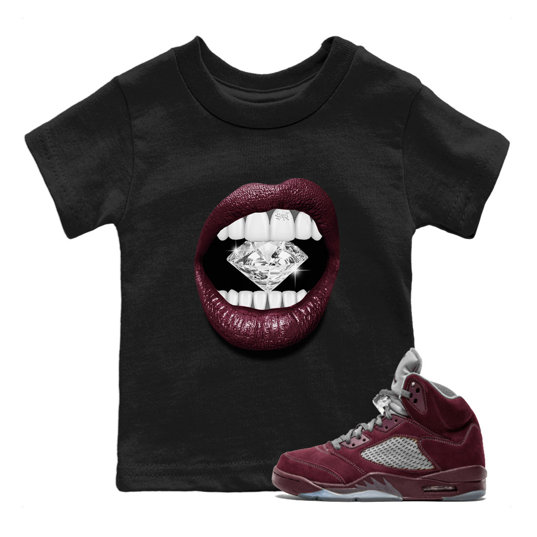 Air Jordan 5 Burgundy Sneaker Match Tees Lips Diamond Streetwear Sneaker Shirt Jordan 5 Burgundy Sneaker Release Tees Matching Outfits Kids Shirts Black 1