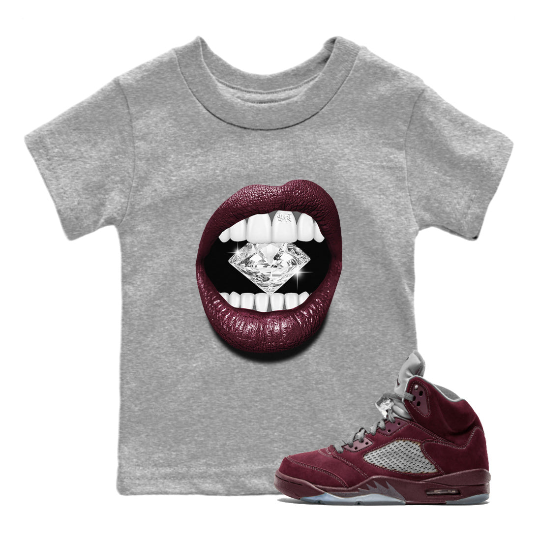 Air Jordan 5 Burgundy Sneaker Match Tees Lips Diamond Streetwear Sneaker Shirt Jordan 5 Burgundy Sneaker Release Tees Matching Outfits Kids Shirts Heather Grey 1