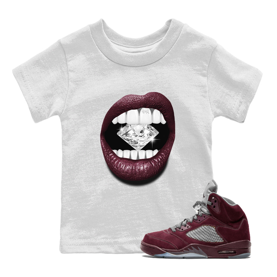 Air Jordan 5 Burgundy Sneaker Match Tees Lips Diamond Streetwear Sneaker Shirt Jordan 5 Burgundy Sneaker Release Tees Matching Outfits Kids Shirts White 1
