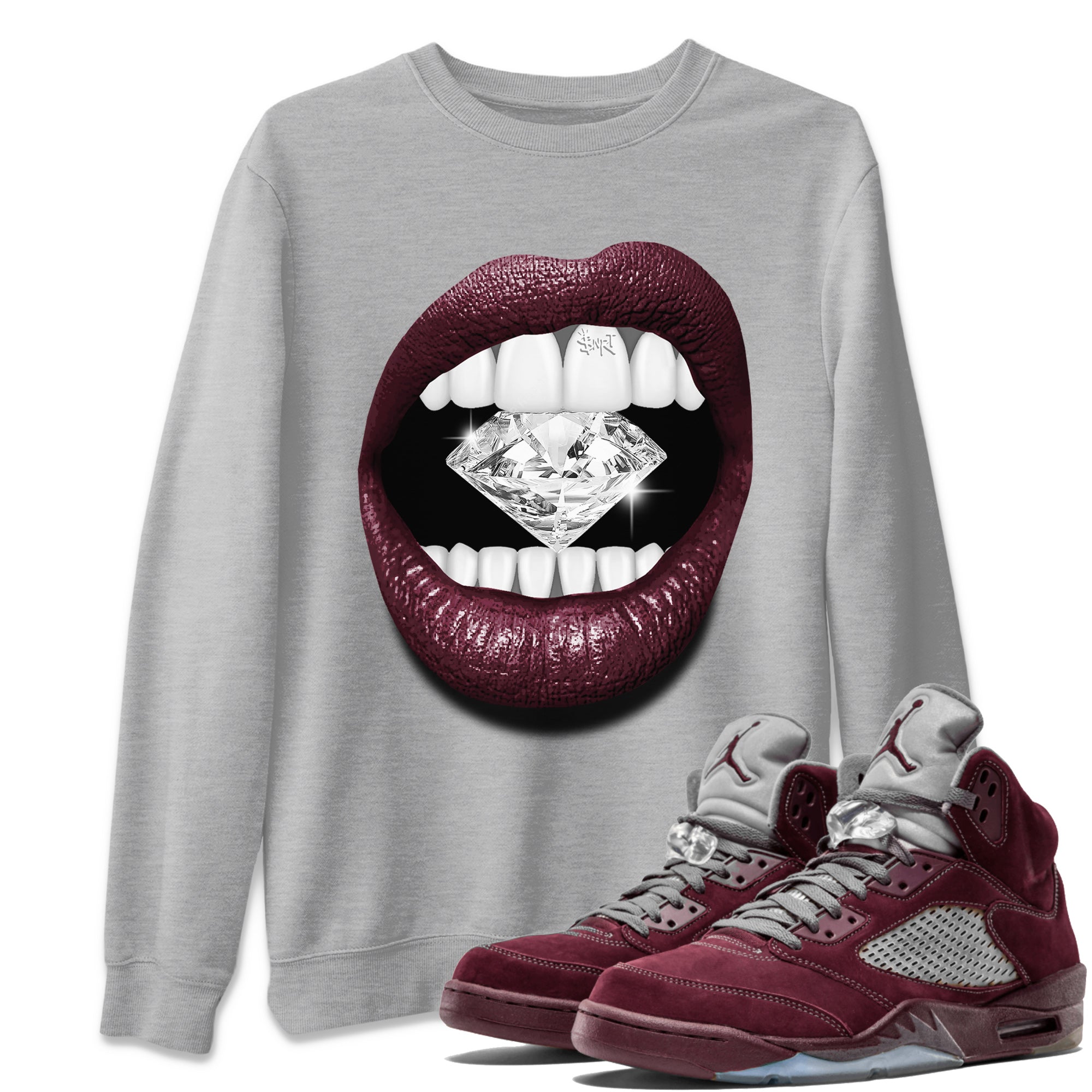Air Jordan 5 Burgundy Sneaker Match Tees Lips Diamond Streetwear Sneaker Shirt Jordan 5 Burgundy Sneaker Release Tees Matching Outfits Unisex Shirts Heather Grey 1