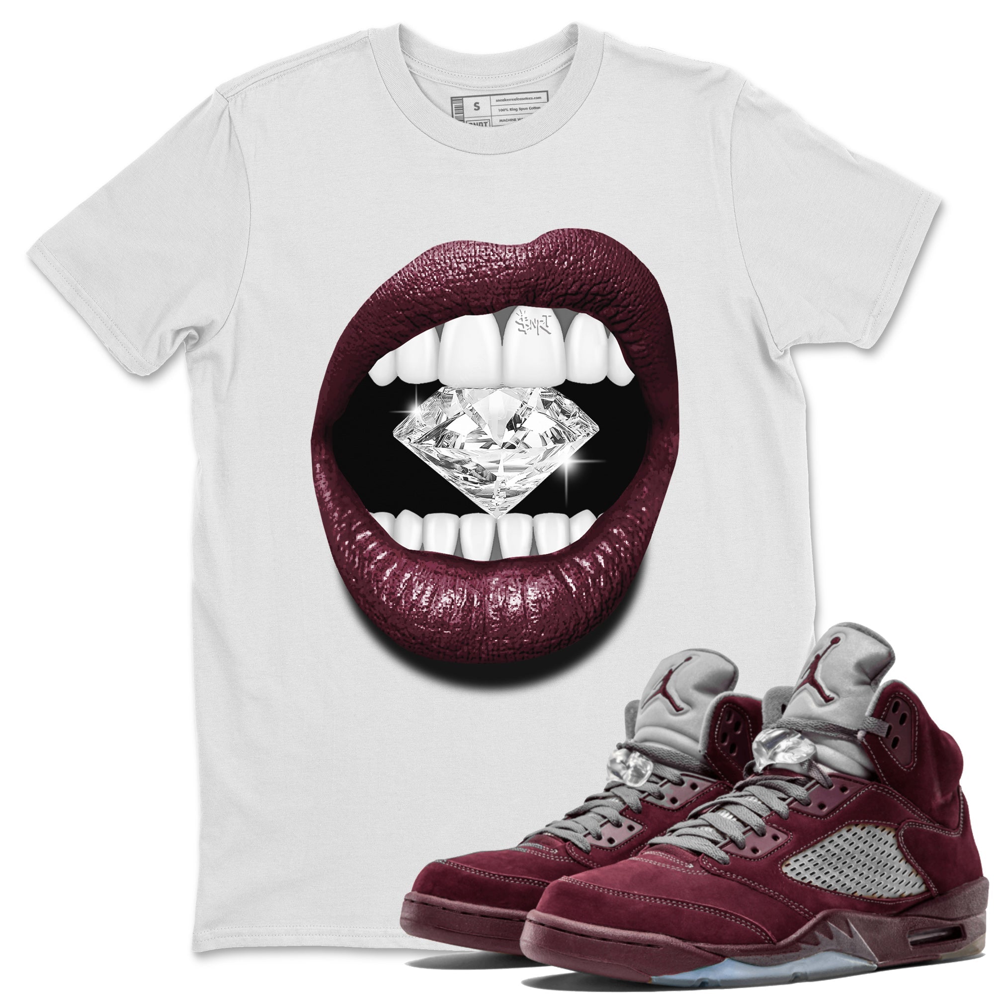 Air Jordan 5 Burgundy Sneaker Match Tees Lips Diamond Streetwear Sneaker Shirt Jordan 5 Burgundy Sneaker Release Tees Matching Outfits Unisex Shirts White 1