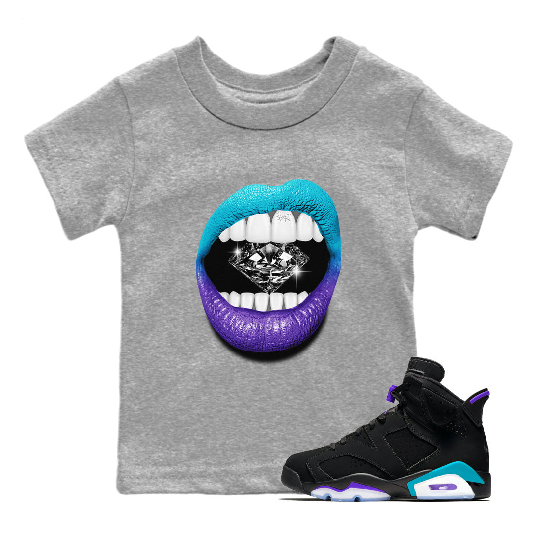 6s Aqua Sneaker Match Tees Lips Diamond Streetwear Sneaker Shirt Air Jordan 6 Aqua Drip Gear Zone Sneaker Matching Clothing Kids Shirts Heather Grey 1