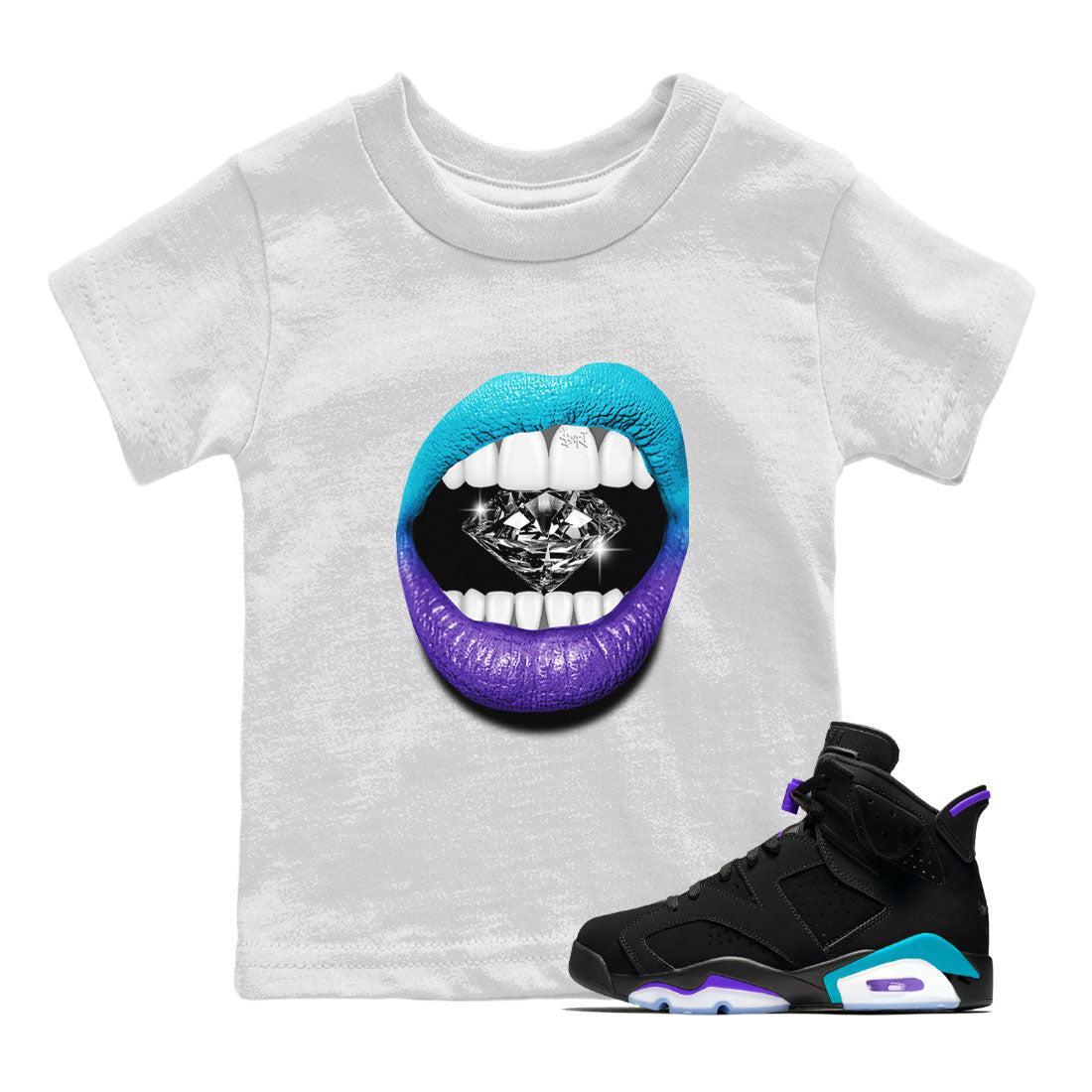 6s Aqua Sneaker Match Tees Lips Diamond Streetwear Sneaker Shirt Air Jordan 6 Aqua Drip Gear Zone Sneaker Matching Clothing Kids Shirts White 1