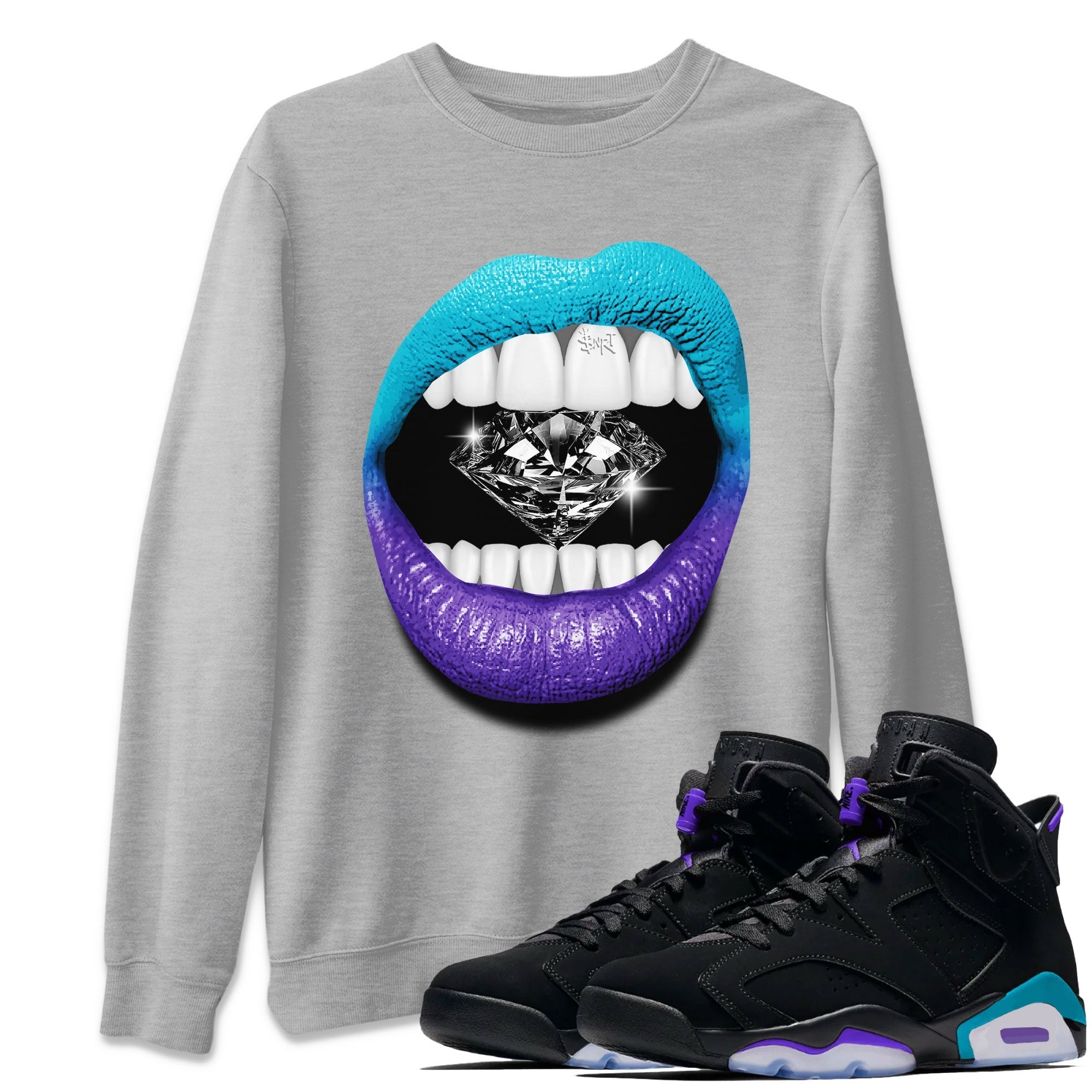 6s Aqua Sneaker Match Tees Lips Diamond Streetwear Sneaker Shirt Air Jordan 6 Aqua Drip Gear Zone Sneaker Matching Clothing Unisex Shirts Heather Grey 1