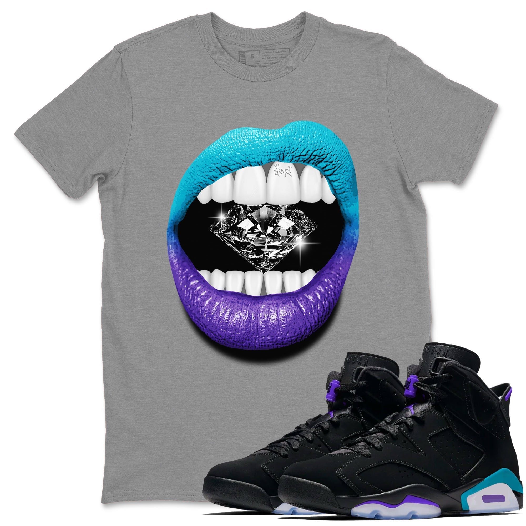 6s Aqua Sneaker Match Tees Lips Diamond Streetwear Sneaker Shirt Air Jordan 6 Aqua Drip Gear Zone Sneaker Matching Clothing Unisex Shirts Heather Grey 1
