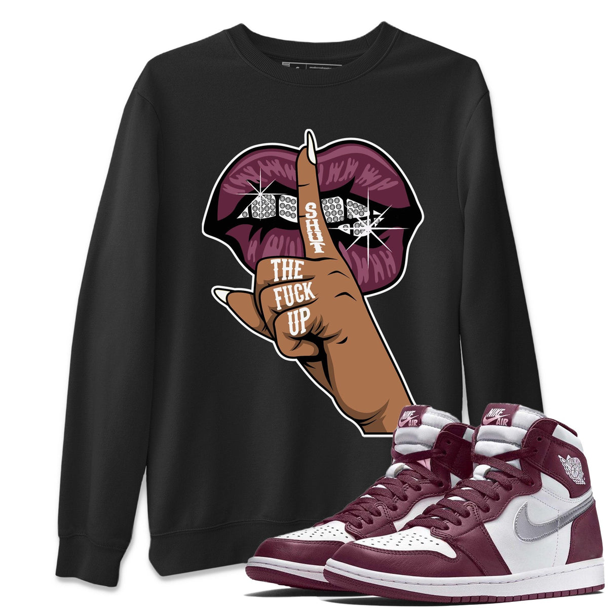 Jordan 1 Bordeaux Sneaker Matching T-Shirt Lips Hand Sneaker Tees Jordan 1 Bordeaux Sneaker Release Tees Crew Neck Tees