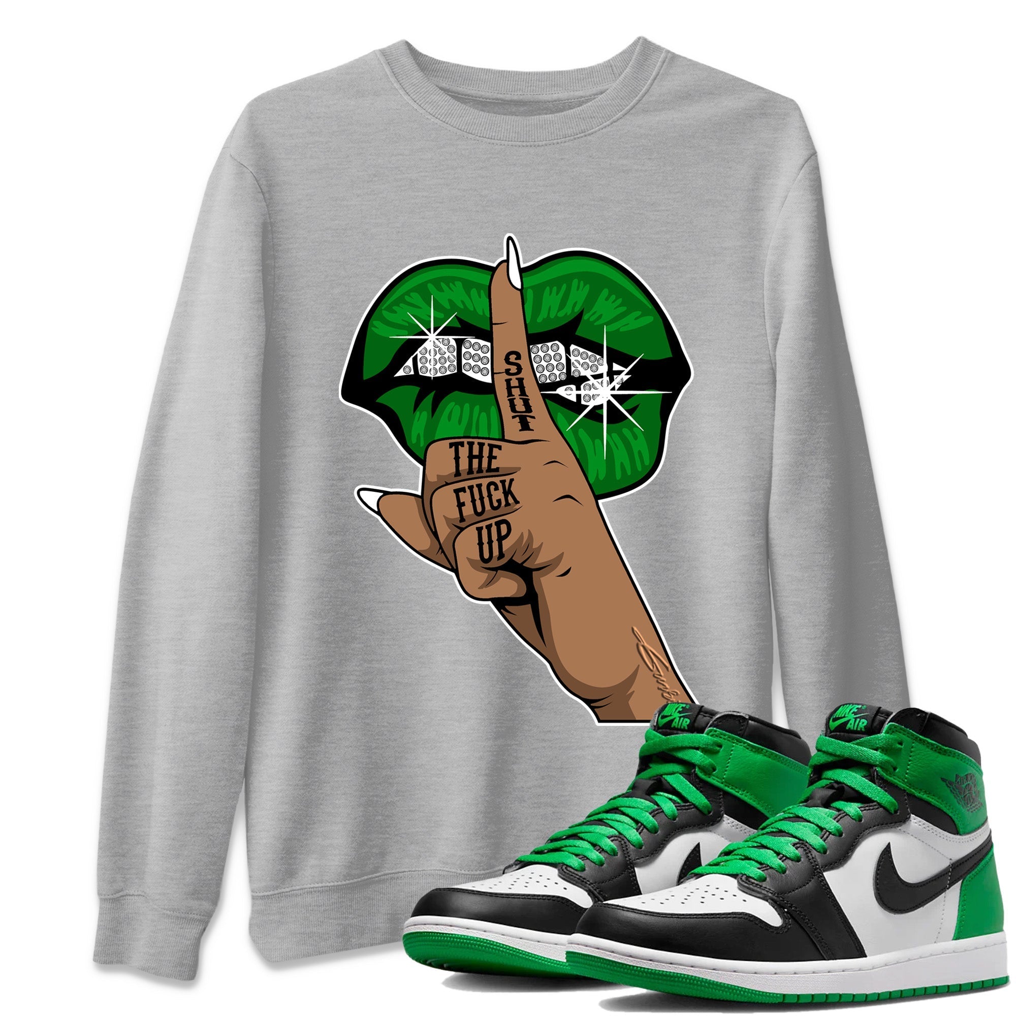 Air Jordan 1 Celtics Sneaker Match Tees Lips Hand Streetwear Sneaker Shirt Air Jordan 1 High OG Celtics Sneaker Release Tees Unisex Shirts Heather Grey 1