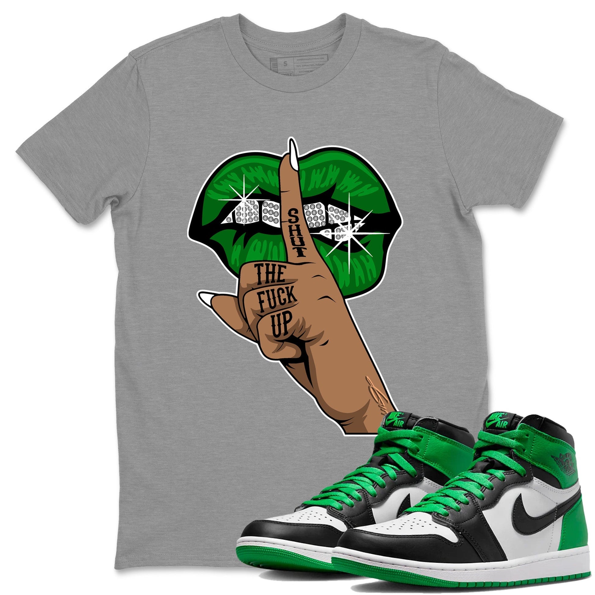 Air Jordan 1 Celtics Sneaker Match Tees Lips Hand Streetwear Sneaker Shirt Air Jordan 1 High OG Celtics Sneaker Release Tees Unisex Shirts Heather Grey 1