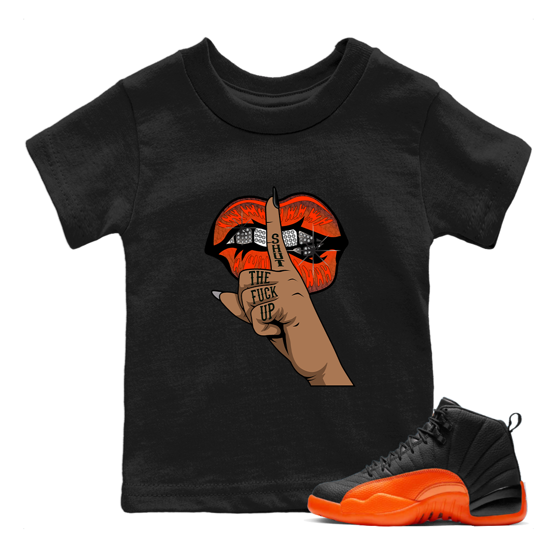 AJ12 Brilliant Orange Sneaker Shirt Lips Hand Streetwear Sneaker Shirt Air Jordan 12 Brilliant Orange Sneaker Release Tees Kids Shirts Black 1
