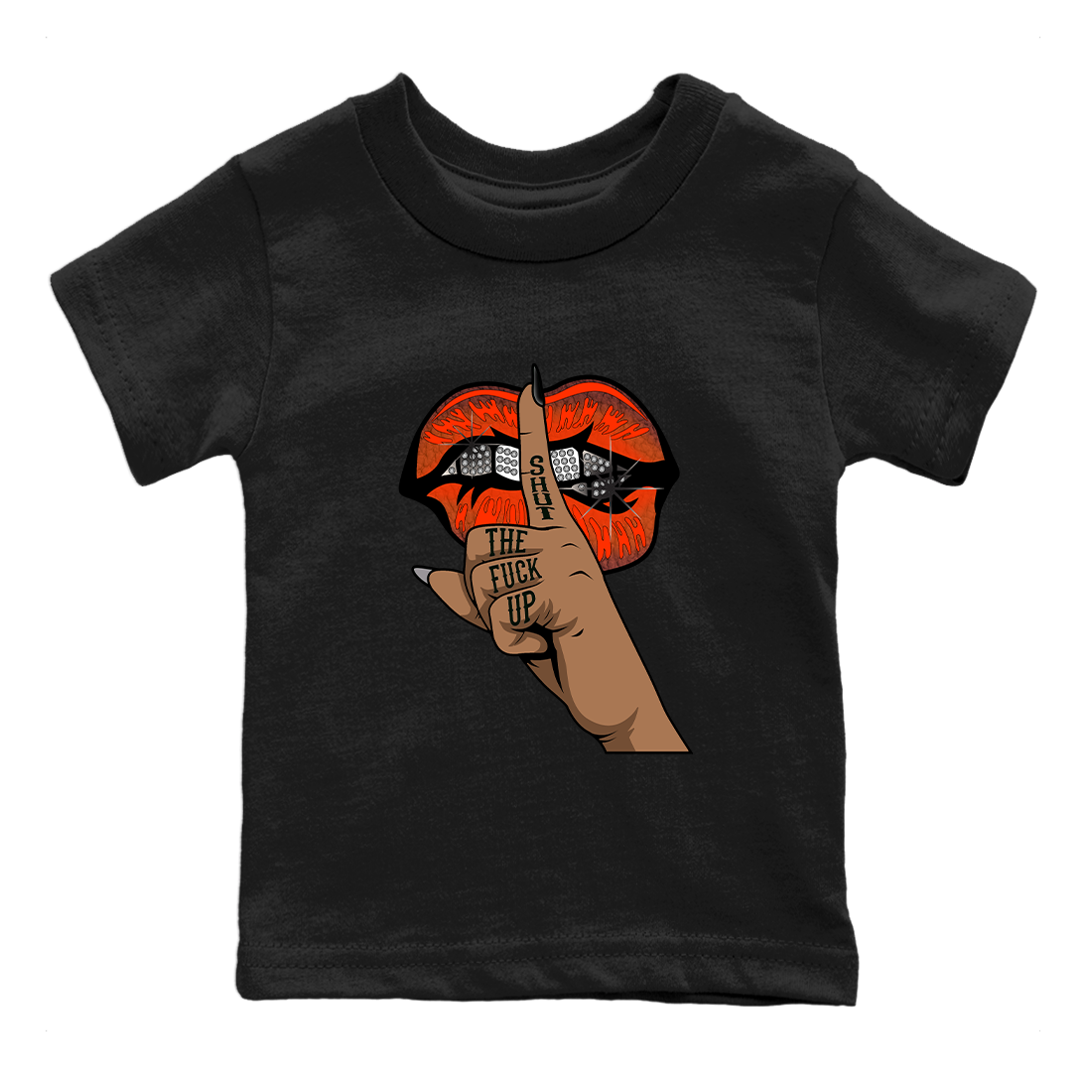 AJ12 Brilliant Orange Sneaker Shirt Lips Hand Streetwear Sneaker Shirt Air Jordan 12 Brilliant Orange Sneaker Release Tees Kids Shirts Black 2