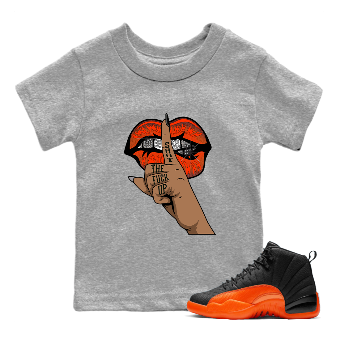 AJ12 Brilliant Orange Sneaker Shirt Lips Hand Streetwear Sneaker Shirt Air Jordan 12 Brilliant Orange Sneaker Release Tees Kids Shirts Heather Grey 1