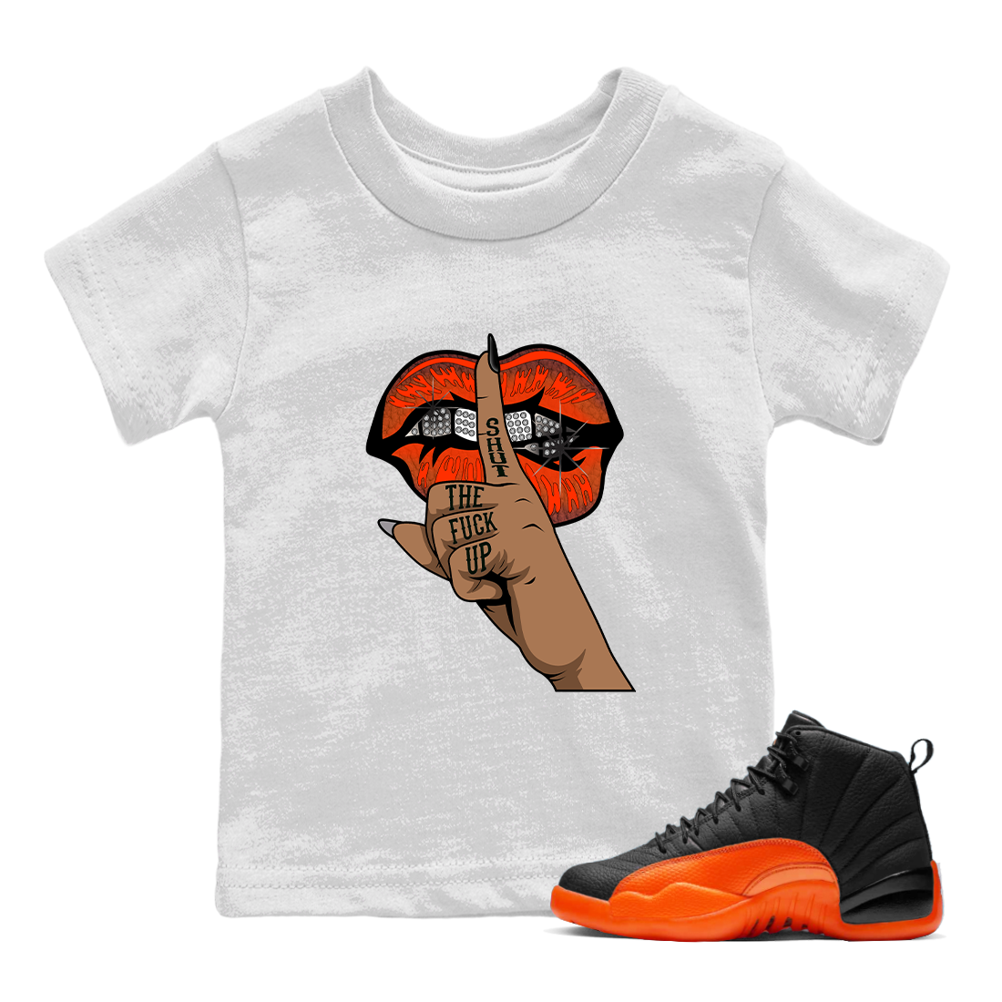 AJ12 Brilliant Orange Sneaker Shirt Lips Hand Streetwear Sneaker Shirt Air Jordan 12 Brilliant Orange Sneaker Release Tees Kids Shirts White 1