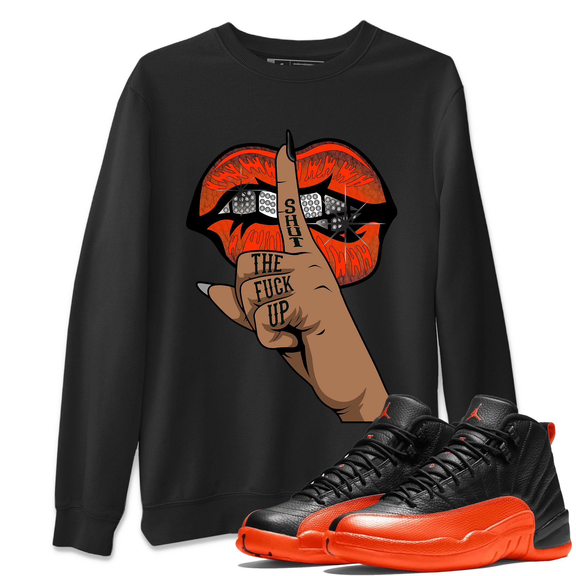 AJ12 Brilliant Orange Sneaker Shirt Lips Hand Streetwear Sneaker Shirt Air Jordan 12 Brilliant Orange Sneaker Release Tees Unisex Shirts Black 1