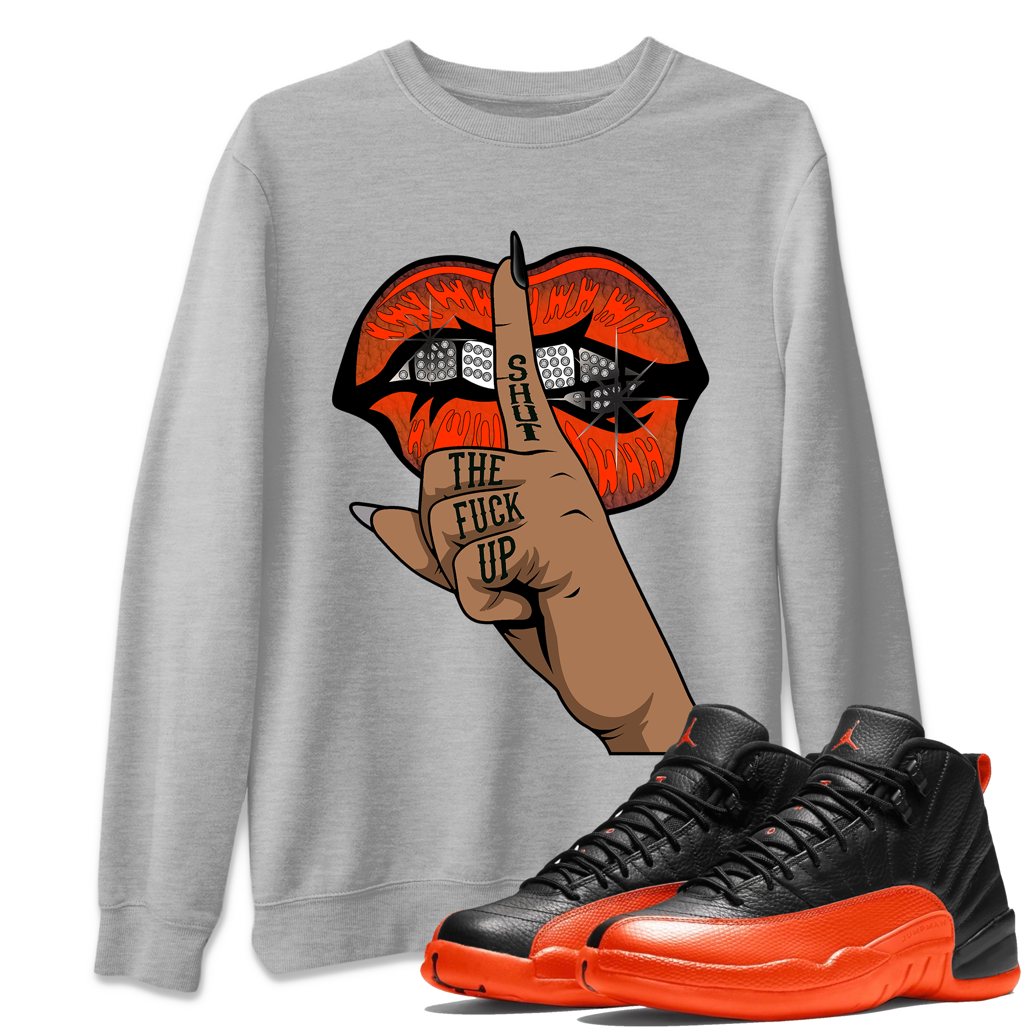 AJ12 Brilliant Orange Sneaker Shirt Lips Hand Streetwear Sneaker Shirt Air Jordan 12 Brilliant Orange Sneaker Release Tees Unisex Shirts Heather Grey 1