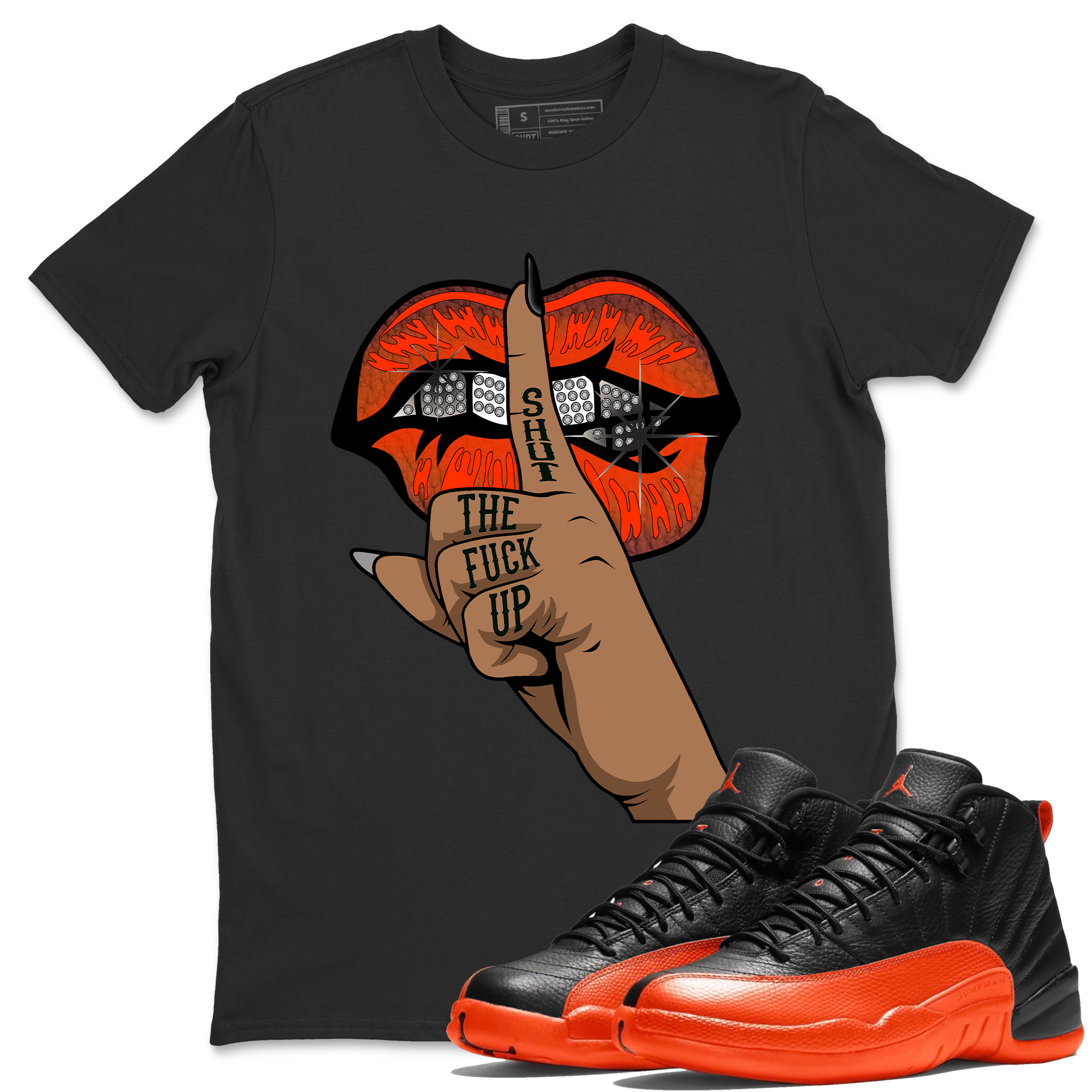 AJ12 Brilliant Orange Sneaker Shirt Lips Hand Streetwear Sneaker Shirt Air Jordan 12 Brilliant Orange Sneaker Release Tees Unisex Shirts Black 1