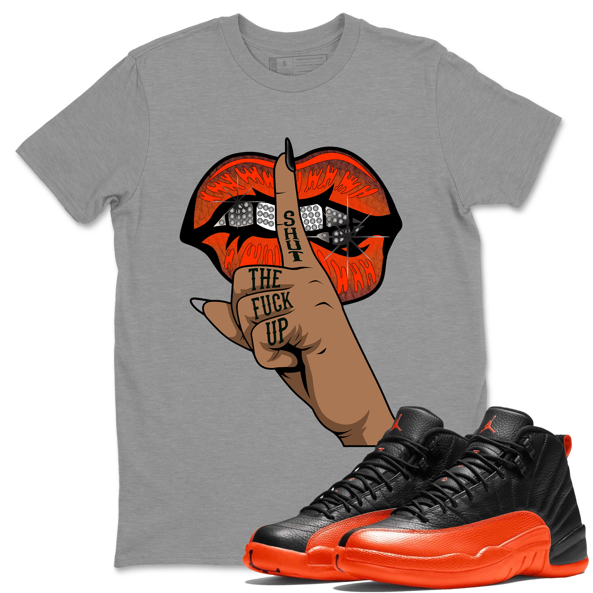 AJ12 Brilliant Orange Sneaker Shirt Lips Hand Streetwear Sneaker Shirt Air Jordan 12 Brilliant Orange Sneaker Release Tees Unisex Shirts Heather Grey 1