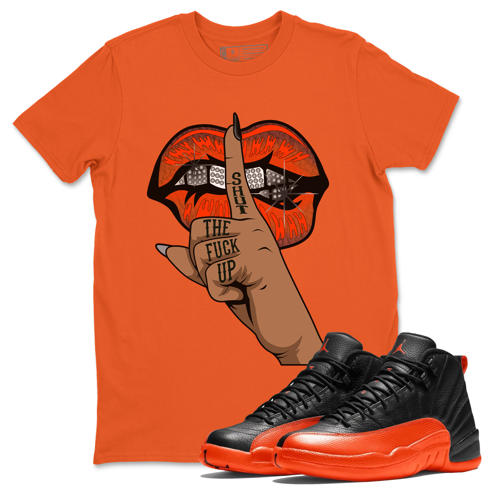 AJ12 Brilliant Orange Sneaker Shirt Lips Hand Streetwear Sneaker Shirt Air Jordan 12 Brilliant Orange Sneaker Release Tees Unisex Shirts Orange 1