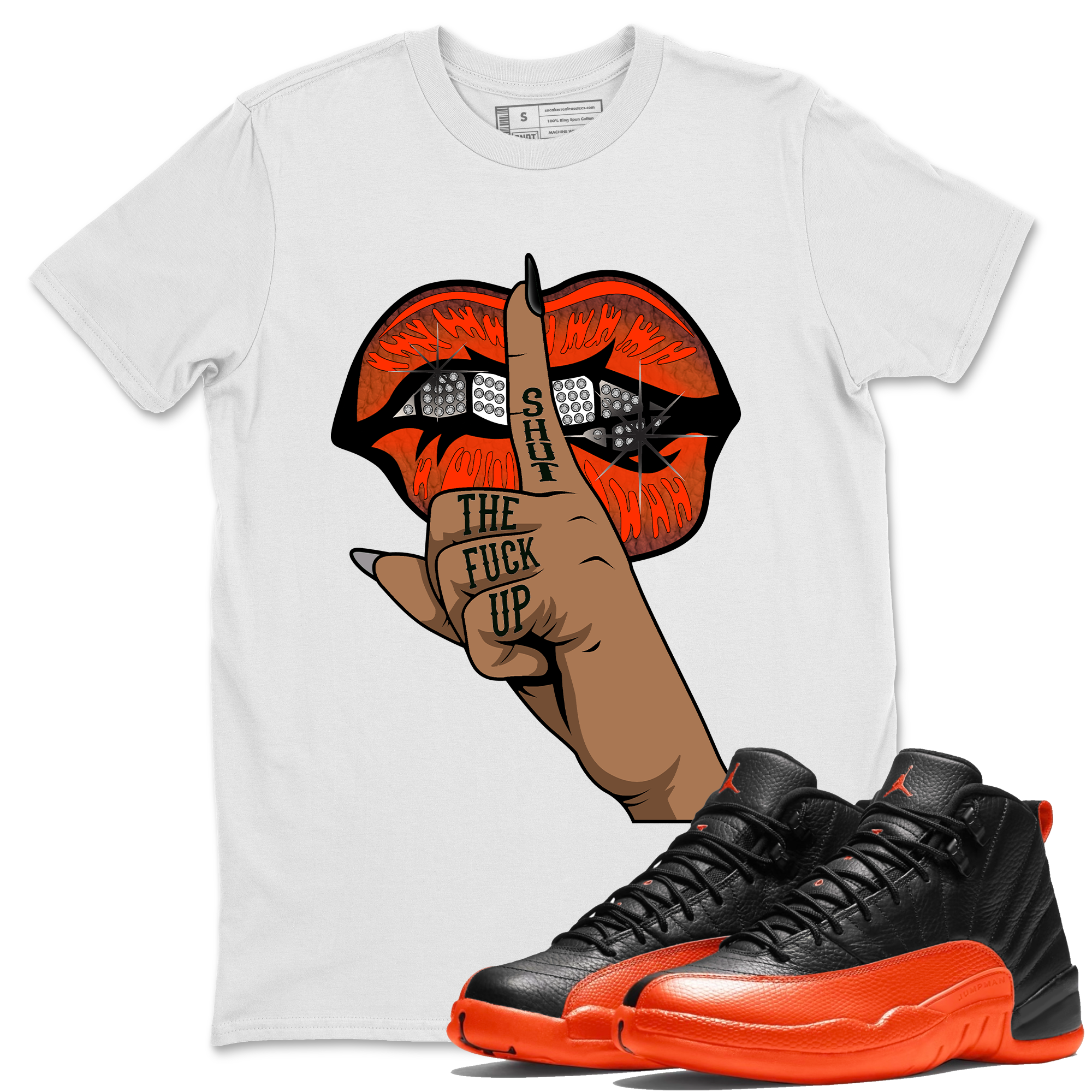 AJ12 Brilliant Orange Sneaker Shirt Lips Hand Streetwear Sneaker Shirt Air Jordan 12 Brilliant Orange Sneaker Release Tees Unisex Shirts White 1