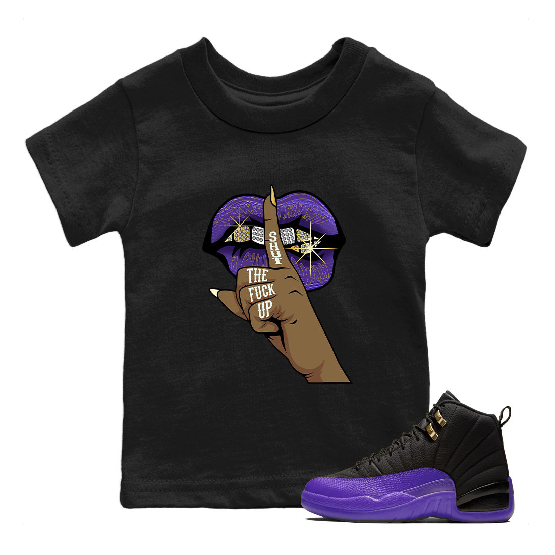 Air Jordan 12 Field Purple Sneaker Match Tees Lips Hand Streetwear Sneaker Shirt Jordan Jordan 12 Lakers Sneaker Release Tees Kids Shirts Black 1