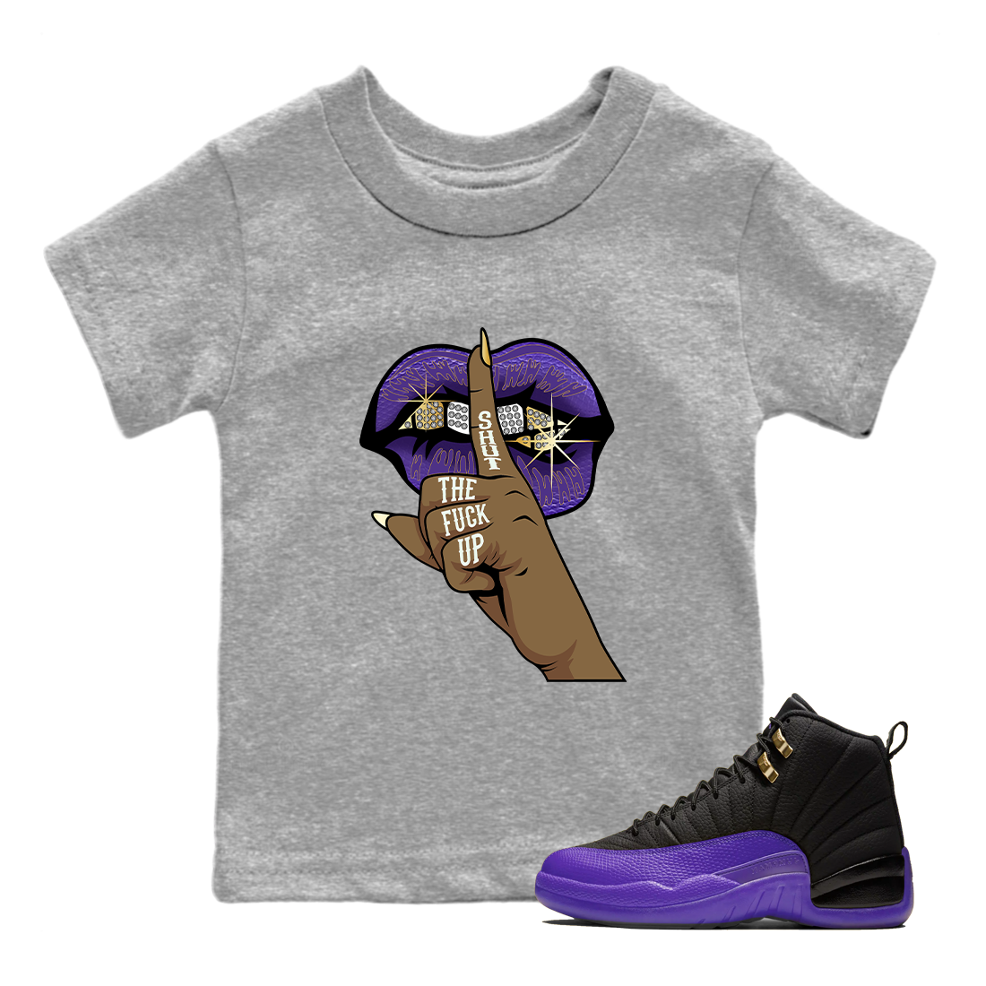Air Jordan 12 Field Purple Sneaker Match Tees Lips Hand Streetwear Sneaker Shirt Jordan Jordan 12 Lakers Sneaker Release Tees Kids Shirts Heather Grey 1