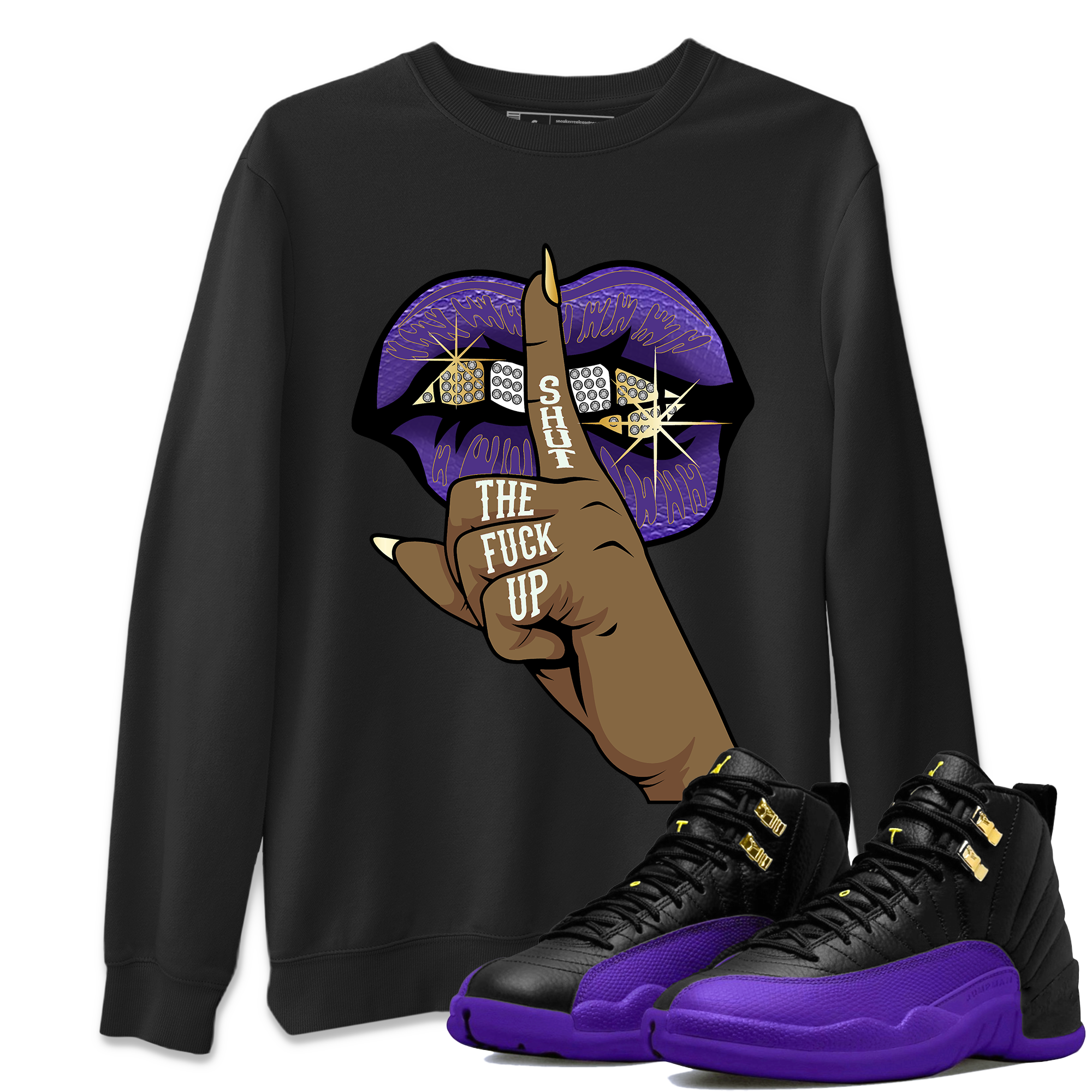 Air Jordan 12 Field Purple Sneaker Match Tees Lips Hand Streetwear Sneaker Shirt Jordan Jordan 12 Lakers Sneaker Release Tees Unisex Shirts Black 1