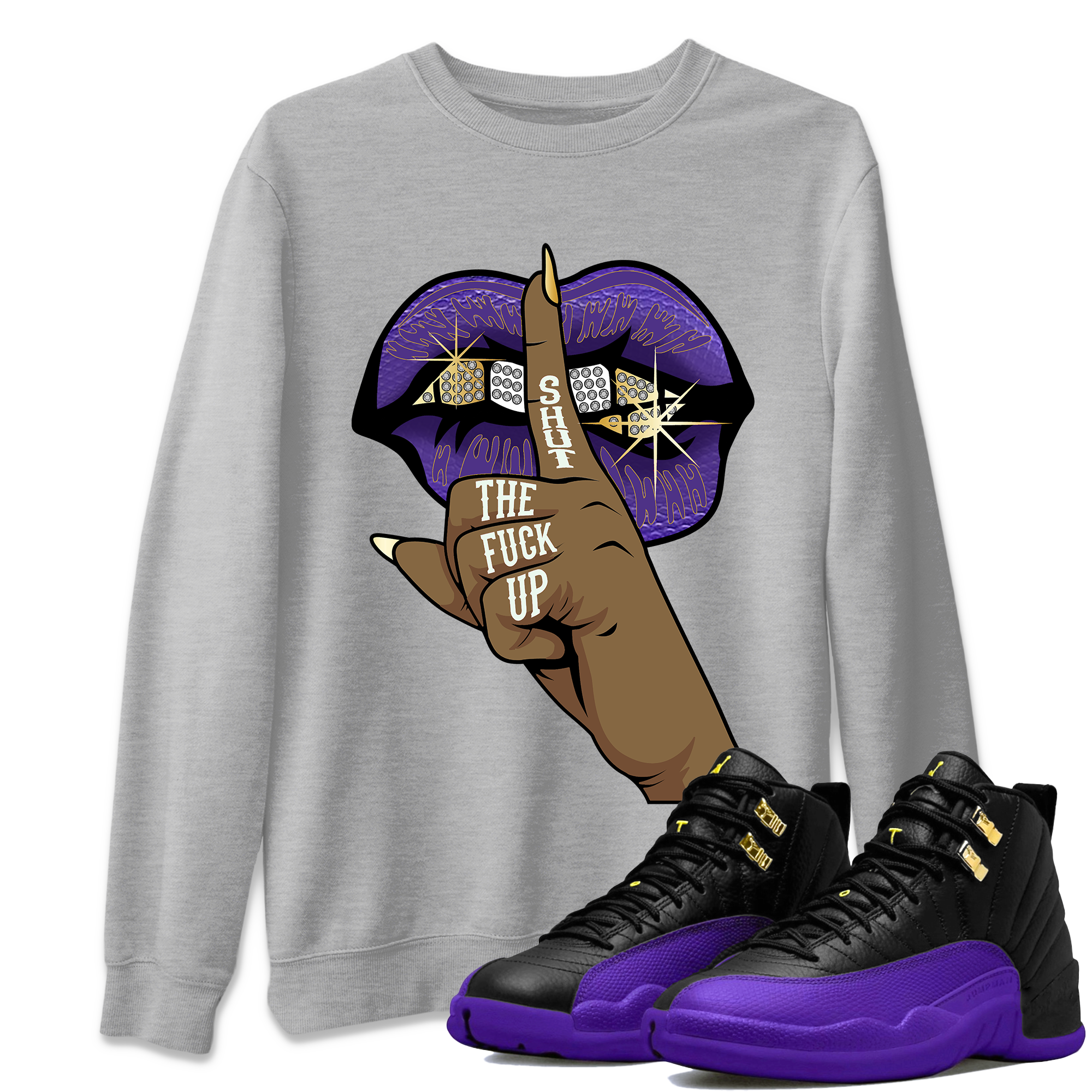 Air Jordan 12 Field Purple Sneaker Match Tees Lips Hand Streetwear Sneaker Shirt Jordan Jordan 12 Lakers Sneaker Release Tees Unisex Shirts Heather Grey 1