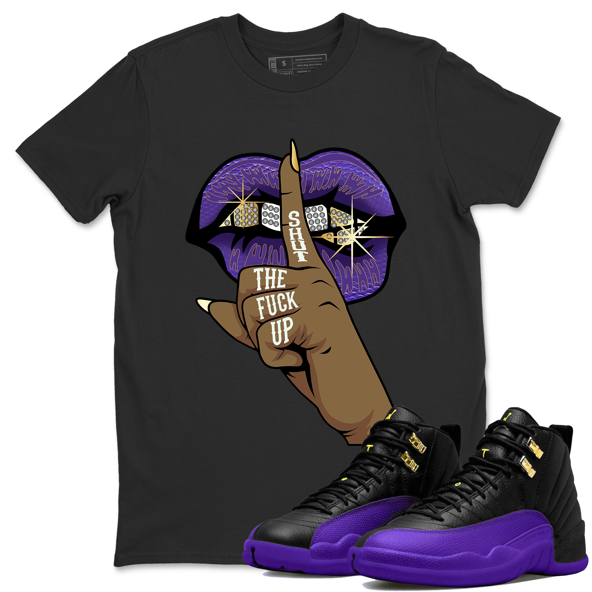 Air Jordan 12 Field Purple Sneaker Match Tees Lips Hand Streetwear Sneaker Shirt Jordan Jordan 12 Lakers Sneaker Release Tees Unisex Shirts Black 1