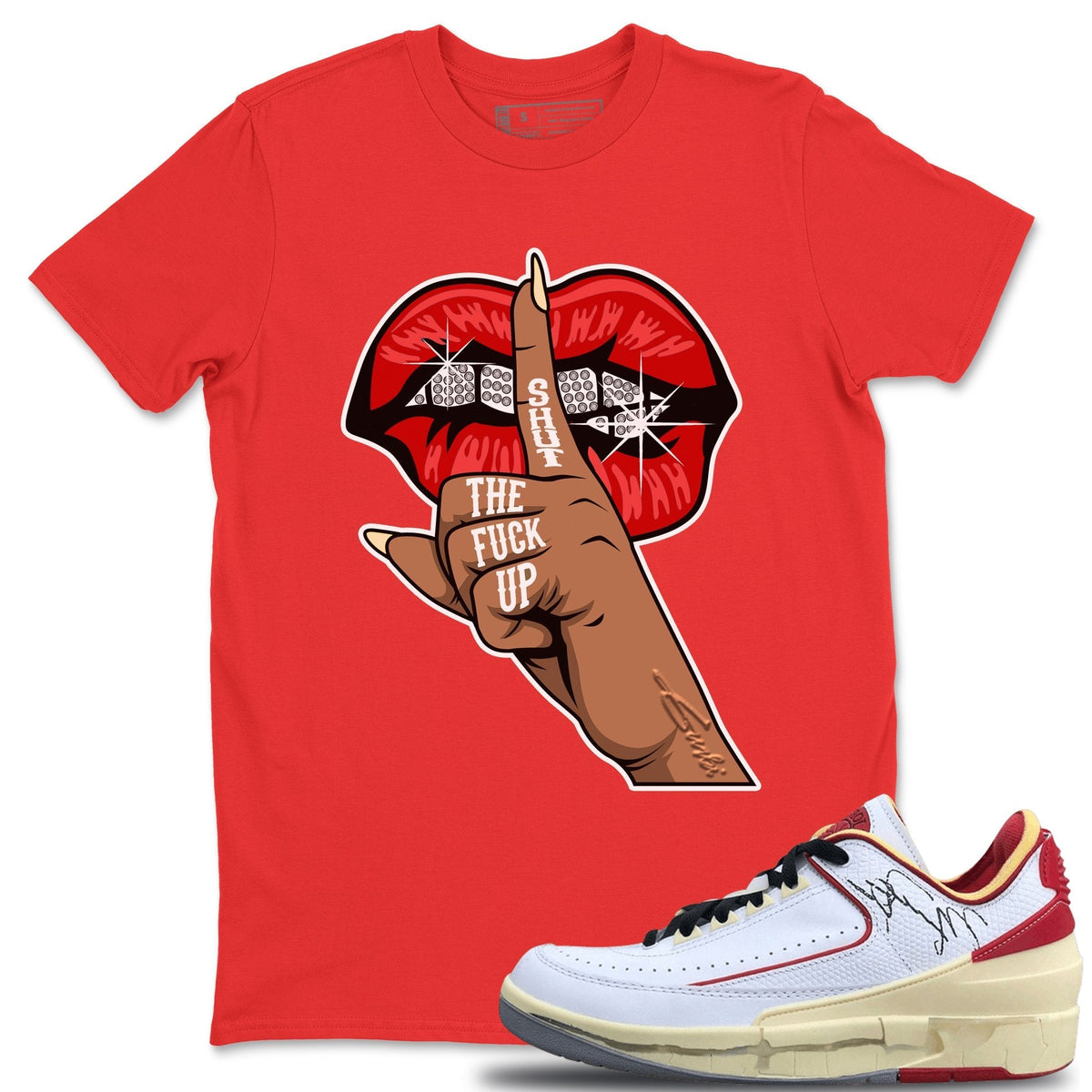 Jordan 2 OFF-WHITE Varsity Red Shirt To Match Jordans Lips Hand Sneaker Tees Jordan 2 OFF-WHITE Varsity Red Drip Gear Zone Sneaker Matching Clothing Unisex Shirts